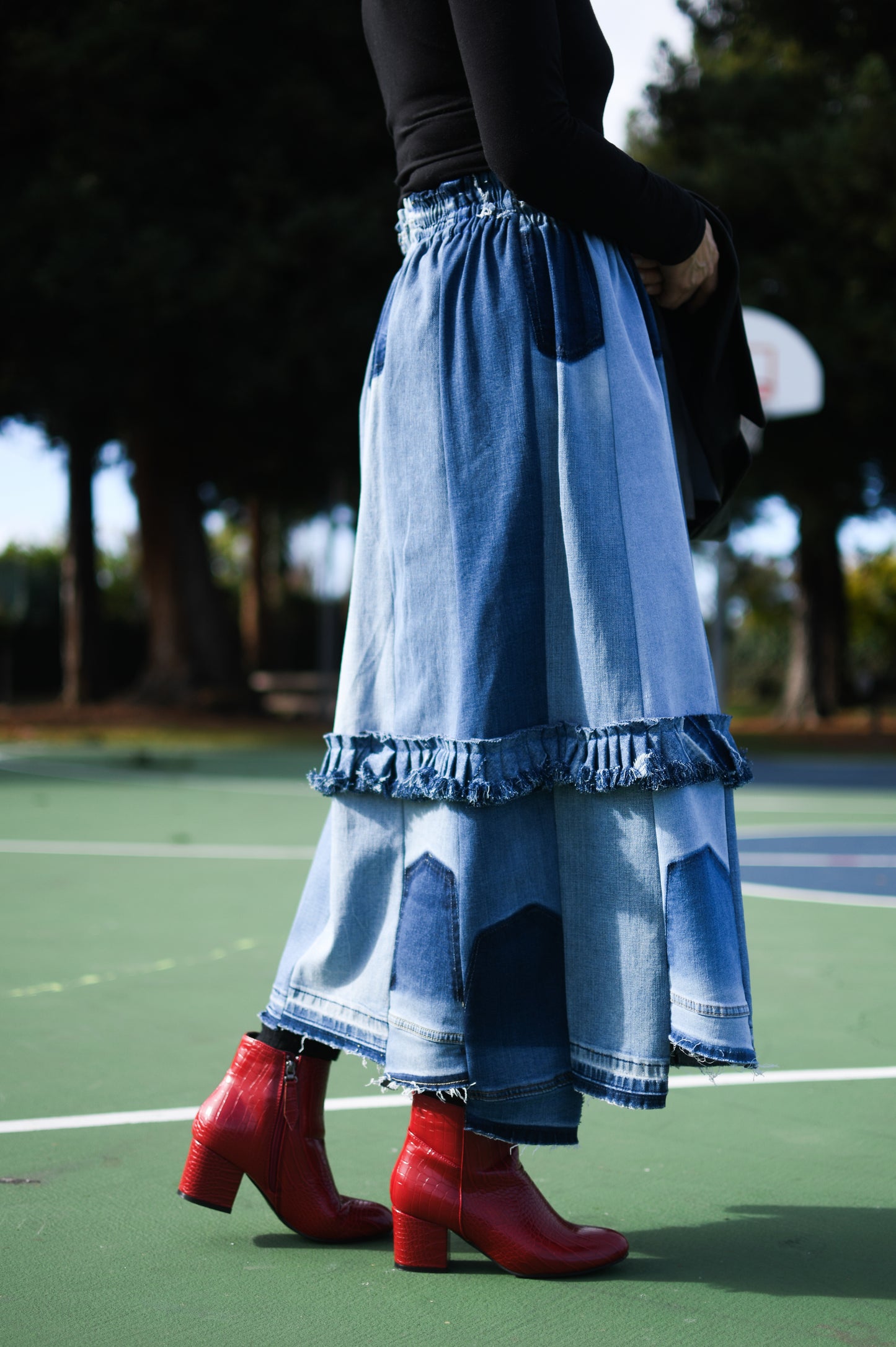 Handmade 1 Of 1 360 Degree Upcycled Denim Long Skirt With Ruffle In The Middle Elastic Waistband Only One One Size Small Medium Large XL XXL