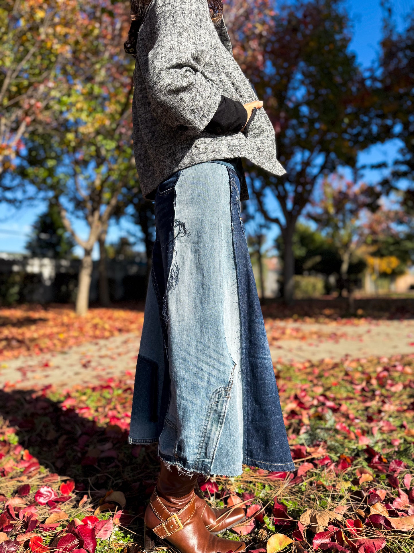 Handmade 1 Of 1 360 Degree Upcycled Two Tone Denim Calf Length Skirt From Kid Jeans With Elastic Waistband Only One Size XS, Small, Medium