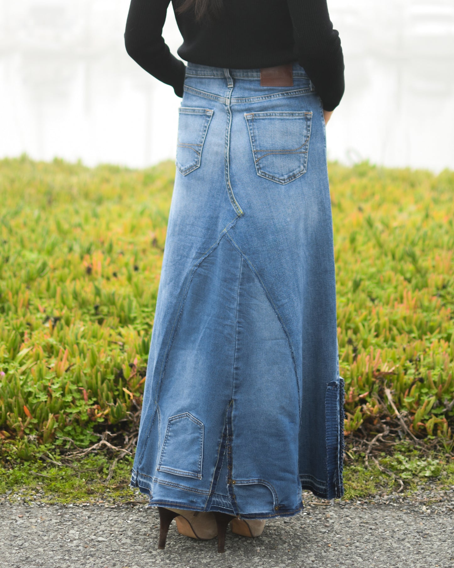 Handmade 1 Of 1 Upcycled Short Slit Denim Long Skirt With Ruffles Only ONE One Size Size Medium