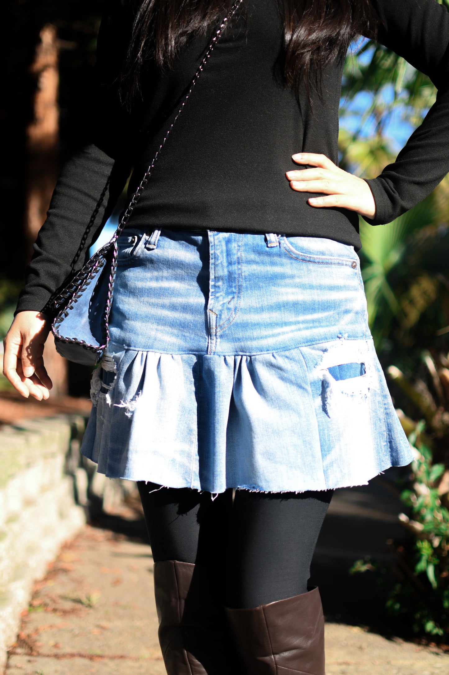 Handmade Upcycled Distressed Two-Section Light Blue Gathered Denim Short Skirt Size Medium