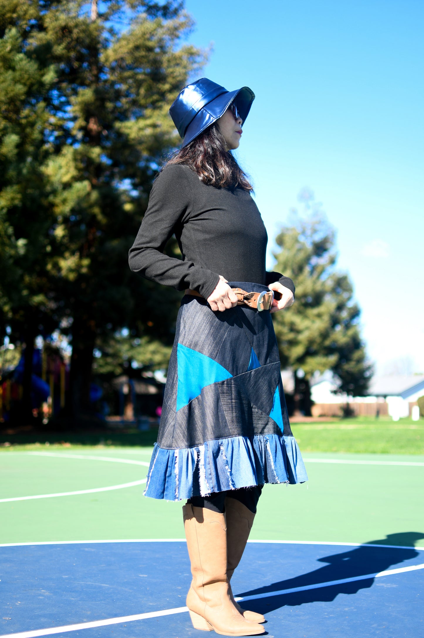 Handmade 1 Of 1 Upcycled Multi-Shade Denim Patchwork Two-Section Knee Length Skirt With Ruffle One Size Size Medium Size Large