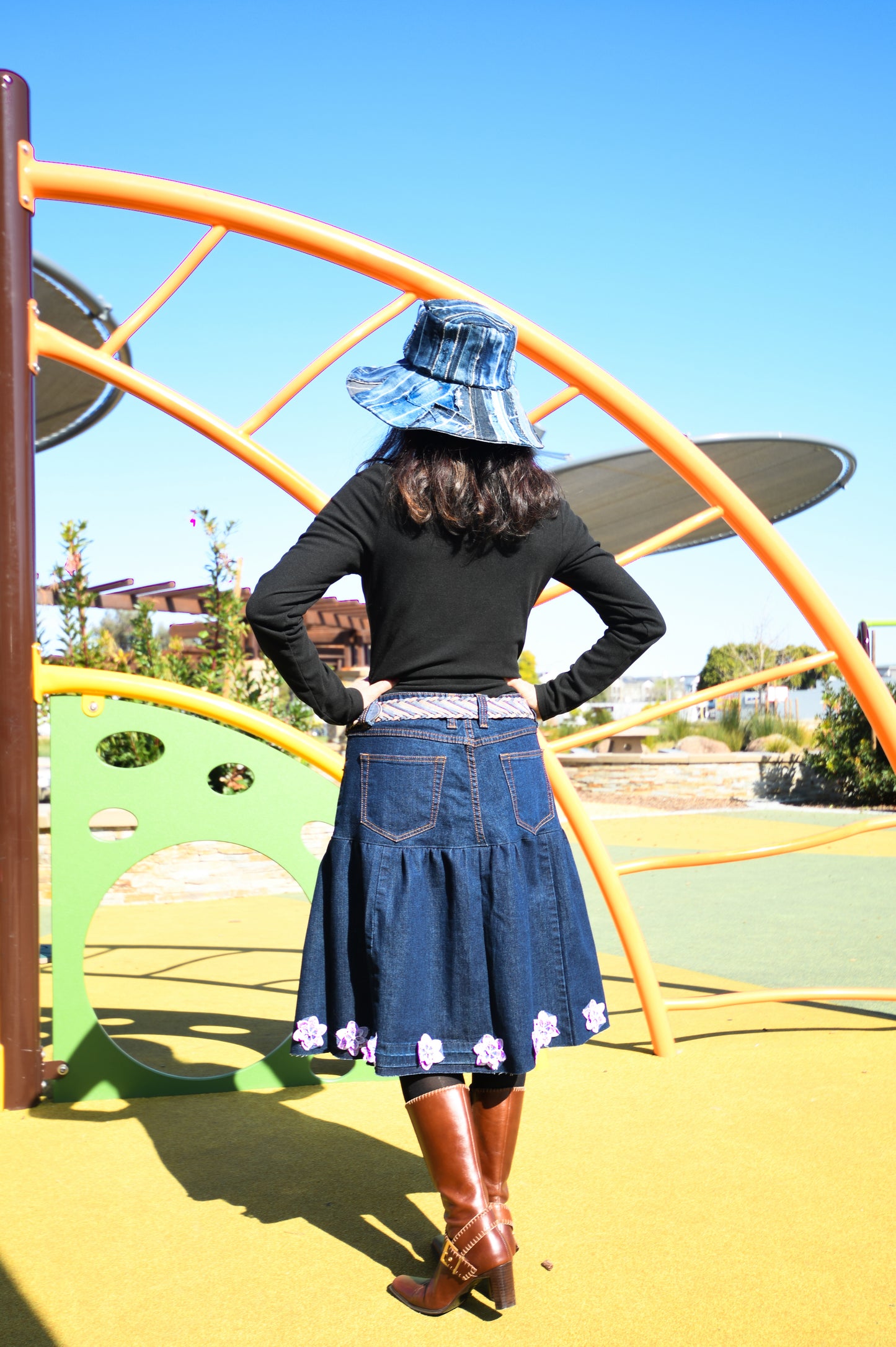 Handmade Navy Two-Section Gathered Denim Knee Length Skirt With Purple Flowers