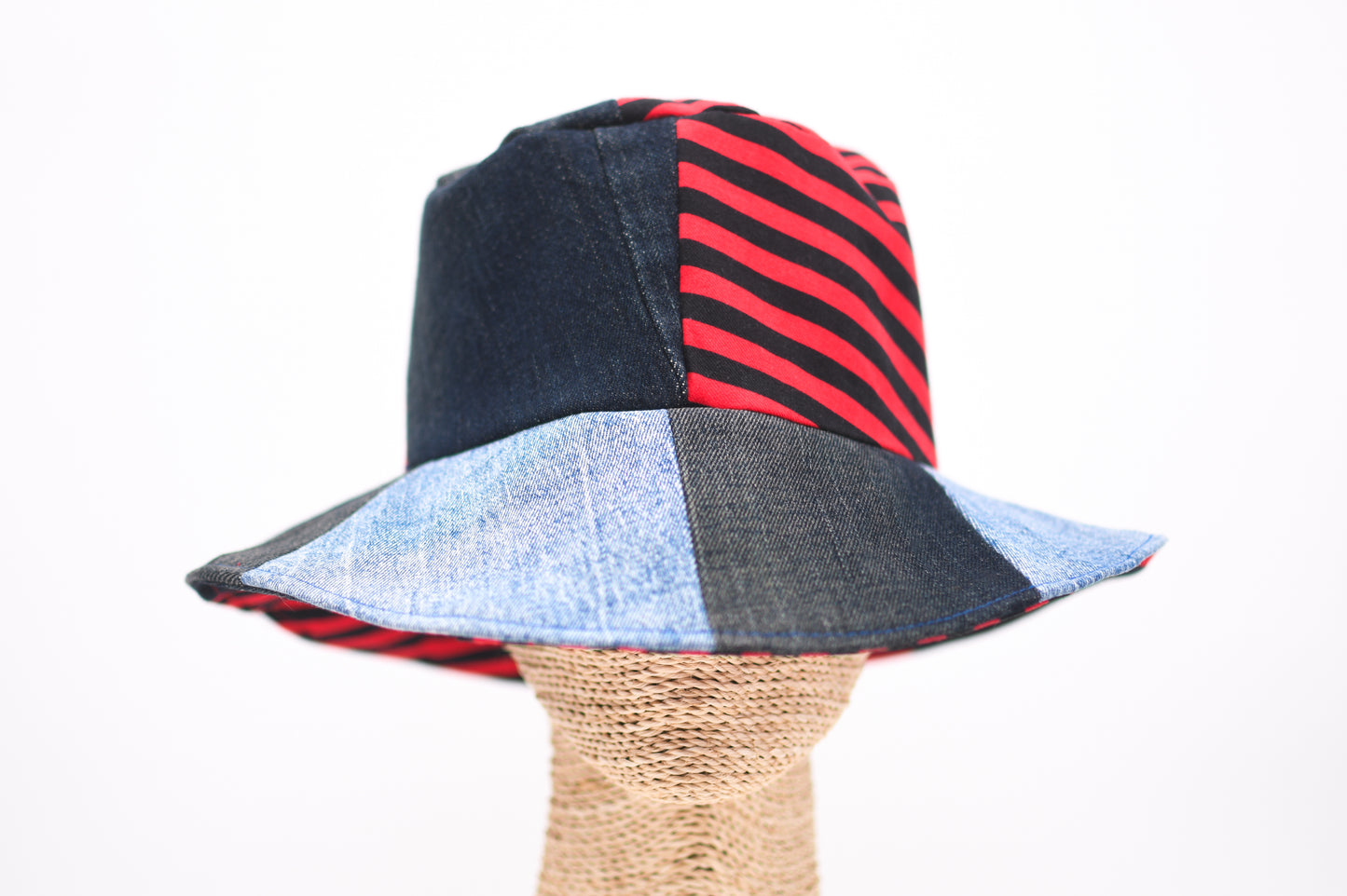 1 Of 1 4-Way-Wear Handmade Black Red Stripes And Denim Patchwork Bucket Hat One Size Only ONE Up To 23 Head Circumference