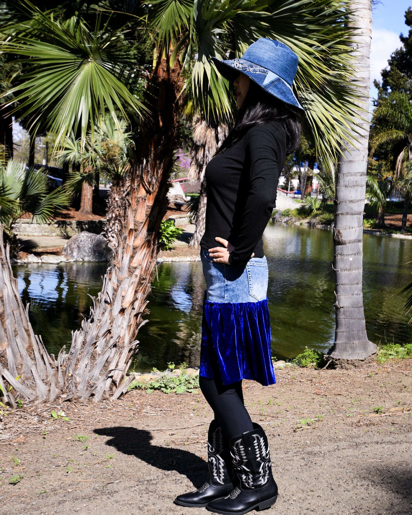 Handmade 1 Of 1 Upcycled Natural Blue Denim And Royal Blue Velvet Two-Section Gathered Short Skirt One Size Size Medium