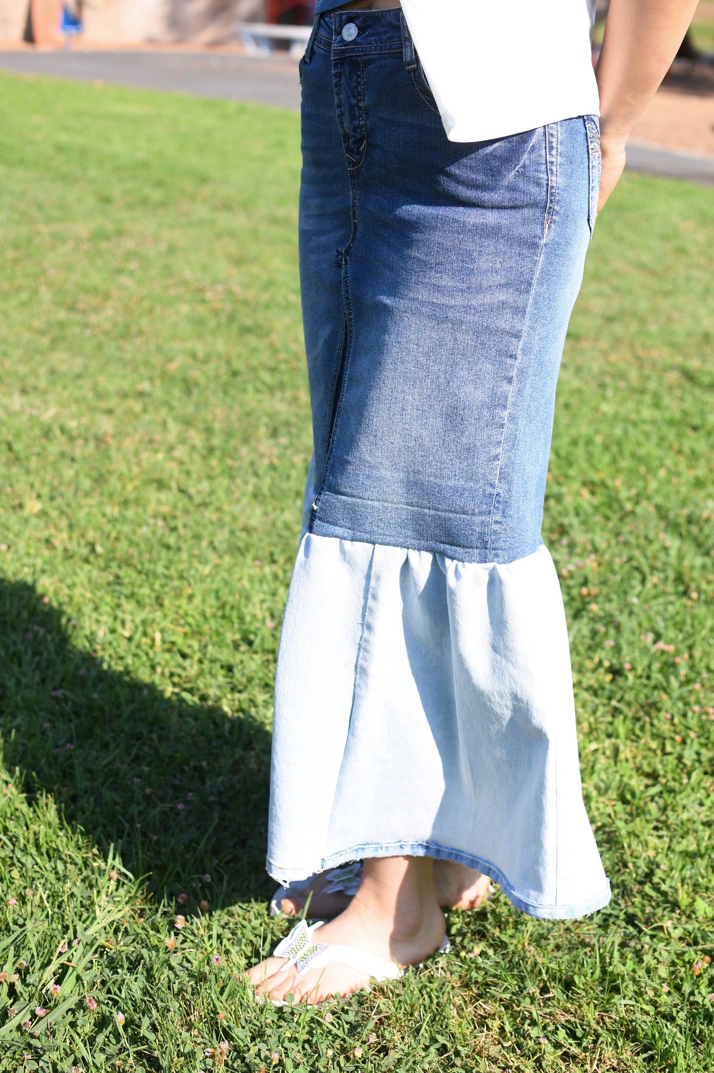 Handmade Upcycled Two-layered Contrast Color Denim Gathered Long Skirt With Pockets Only One Size 29 Size Small Size Medium