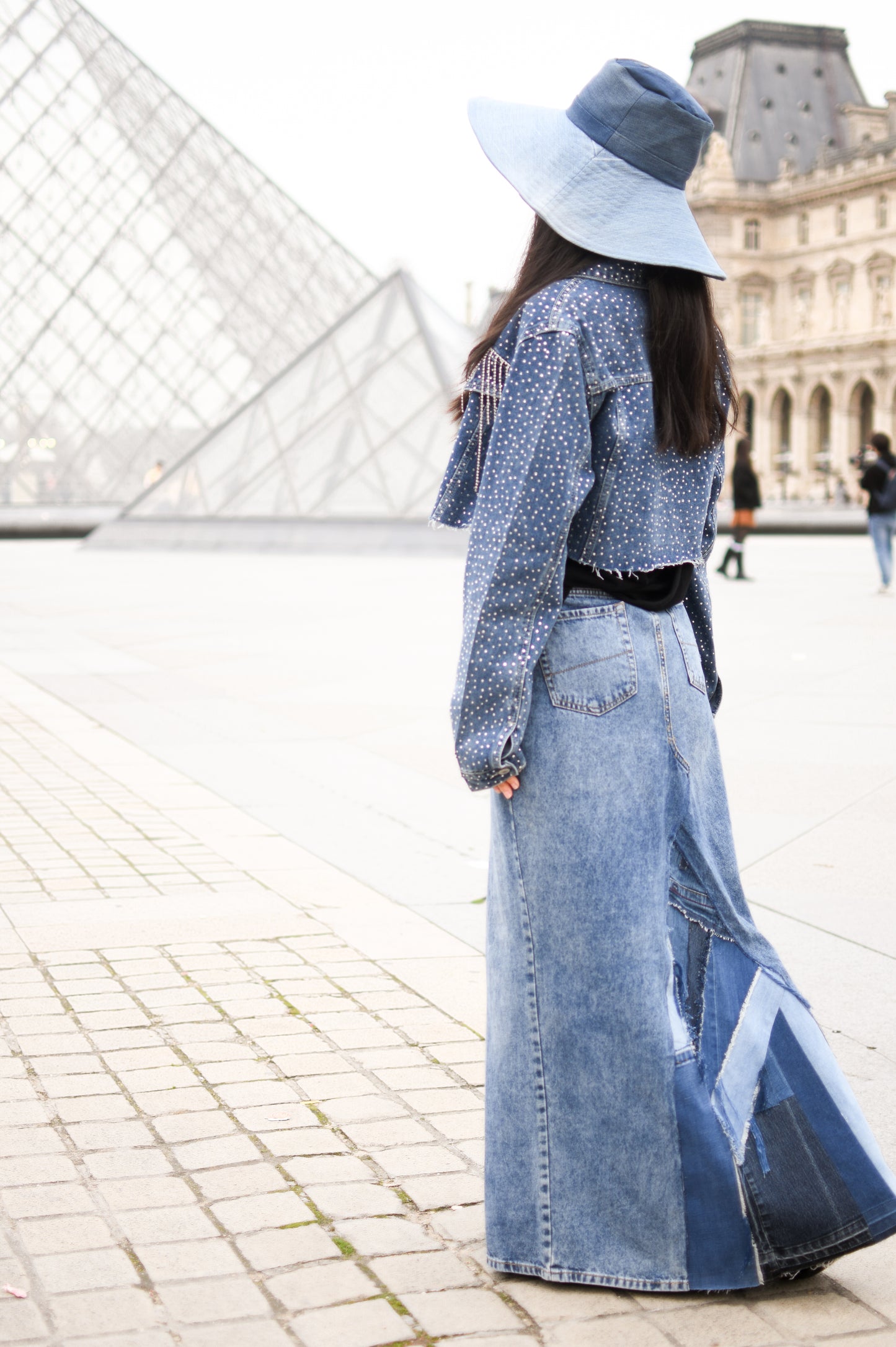 Handmade 1 Of 1 Upcycled Patchwork Triangle Denim Long Skirt With Only One One Size Small Size Medium