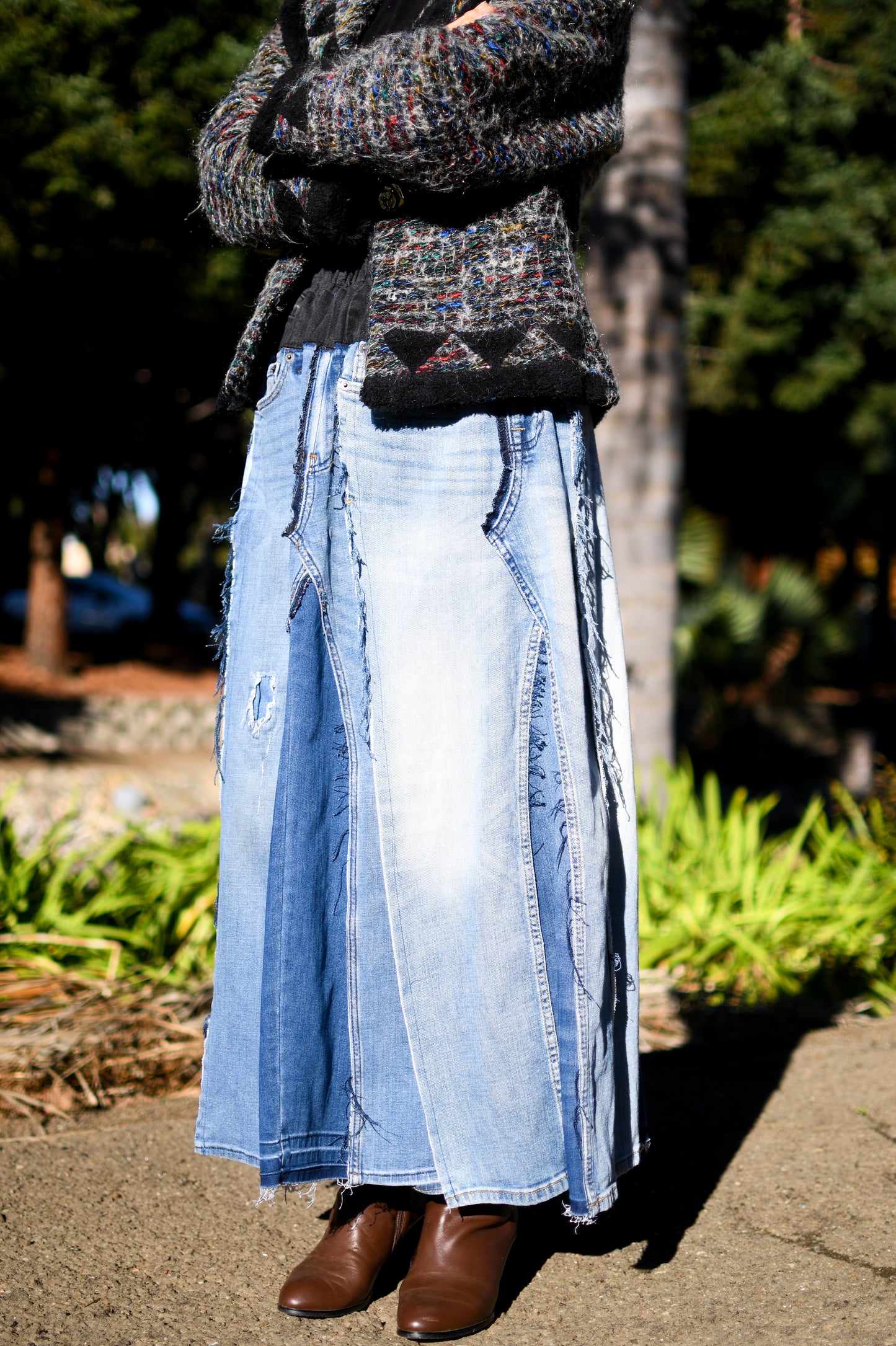 Handmade 1 Of 1 360 Degree Upcycled Denim Long Skirt From 5 Pairs of Jeans With Elastic Waistband Only One Size XS S Medium Large XL 1X 2X