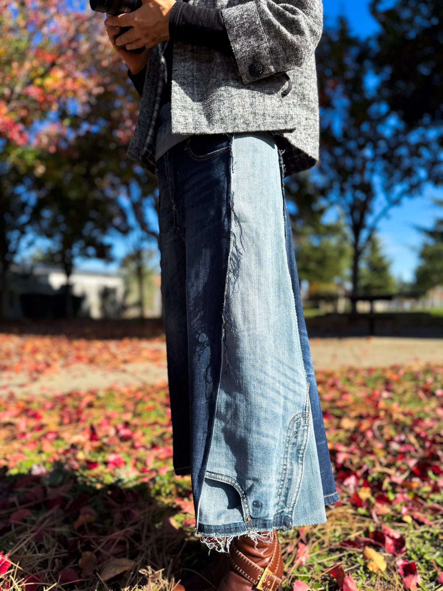 Handmade 1 Of 1 360 Degree Upcycled Two Tone Denim Calf Length Skirt From Kid Jeans With Elastic Waistband Only One Size XS, Small, Medium