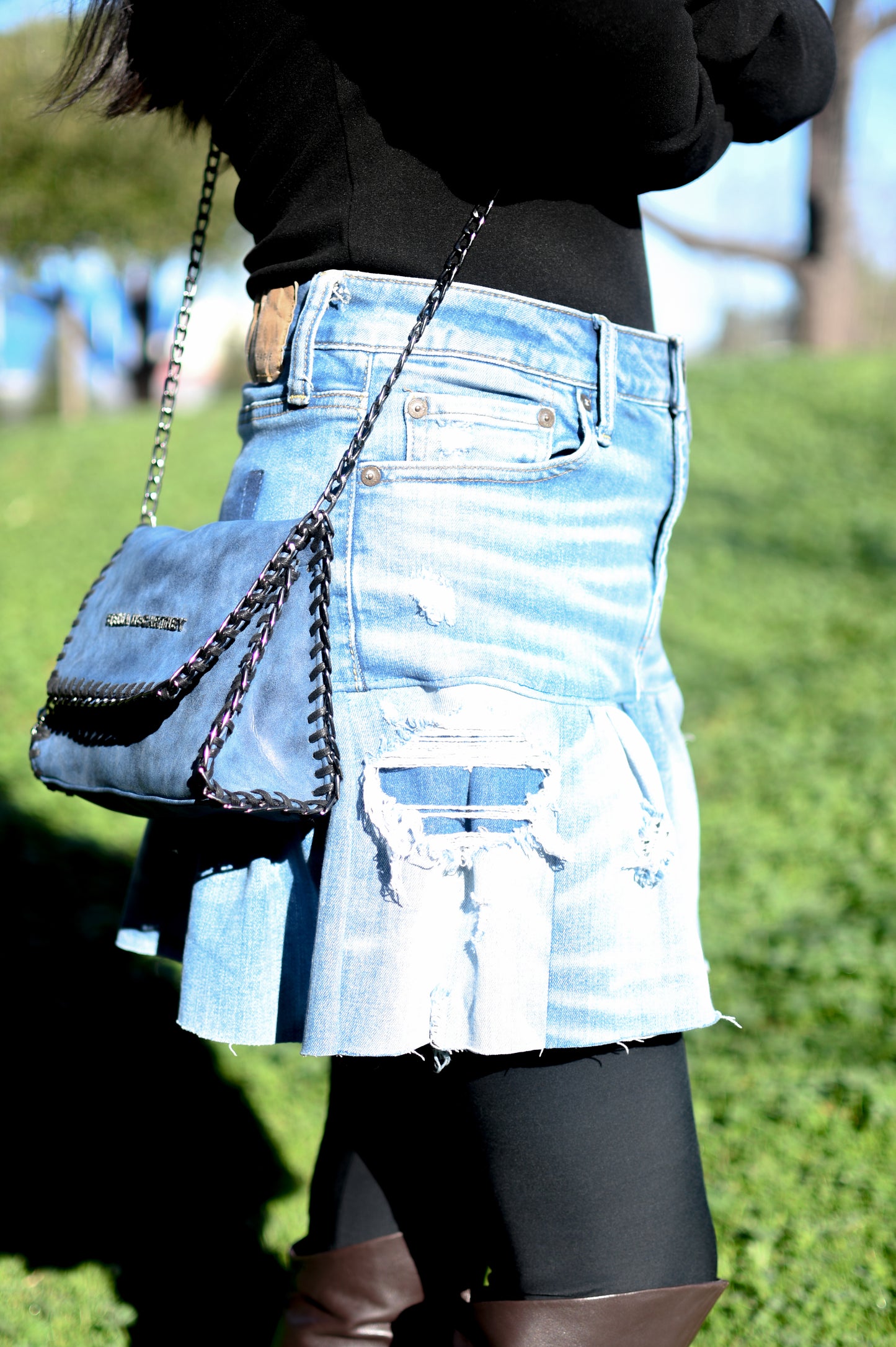 Handmade Upcycled Distressed Two-Section Light Blue Gathered Denim Short Skirt Size Medium