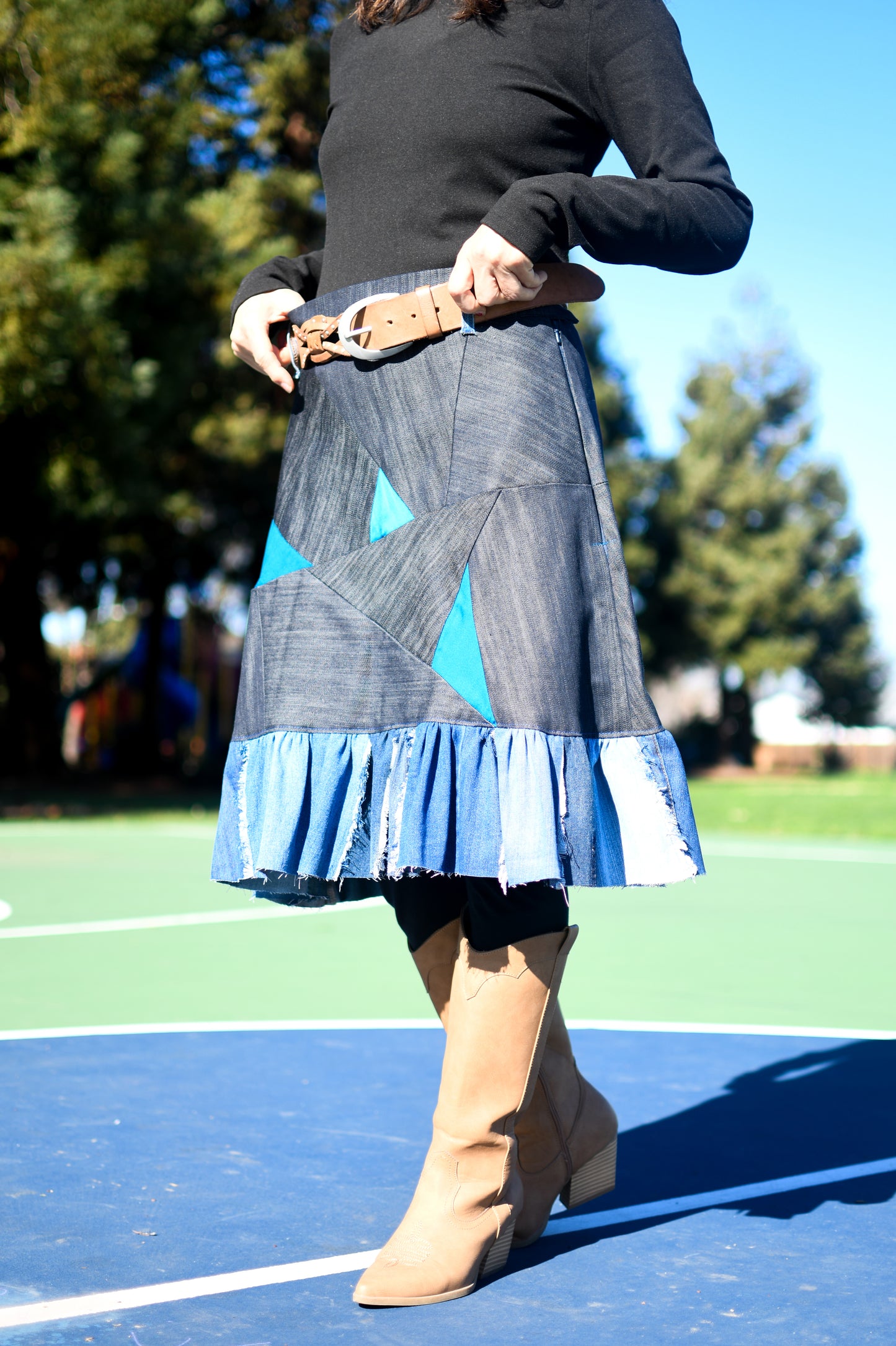 Handmade 1 Of 1 Upcycled Multi-Shade Denim Patchwork Two-Section Knee Length Skirt With Ruffle One Size Size Medium Size Large