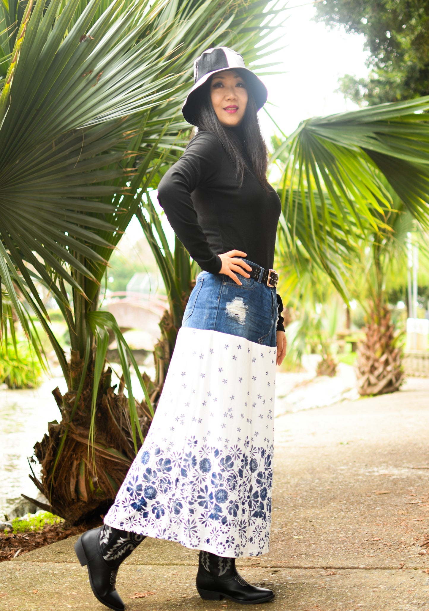 Handmade 1 Of 1 Porcelain Blue Floral Print Two Section Flowy Denim Long Skirt One Size Size Large Size XL