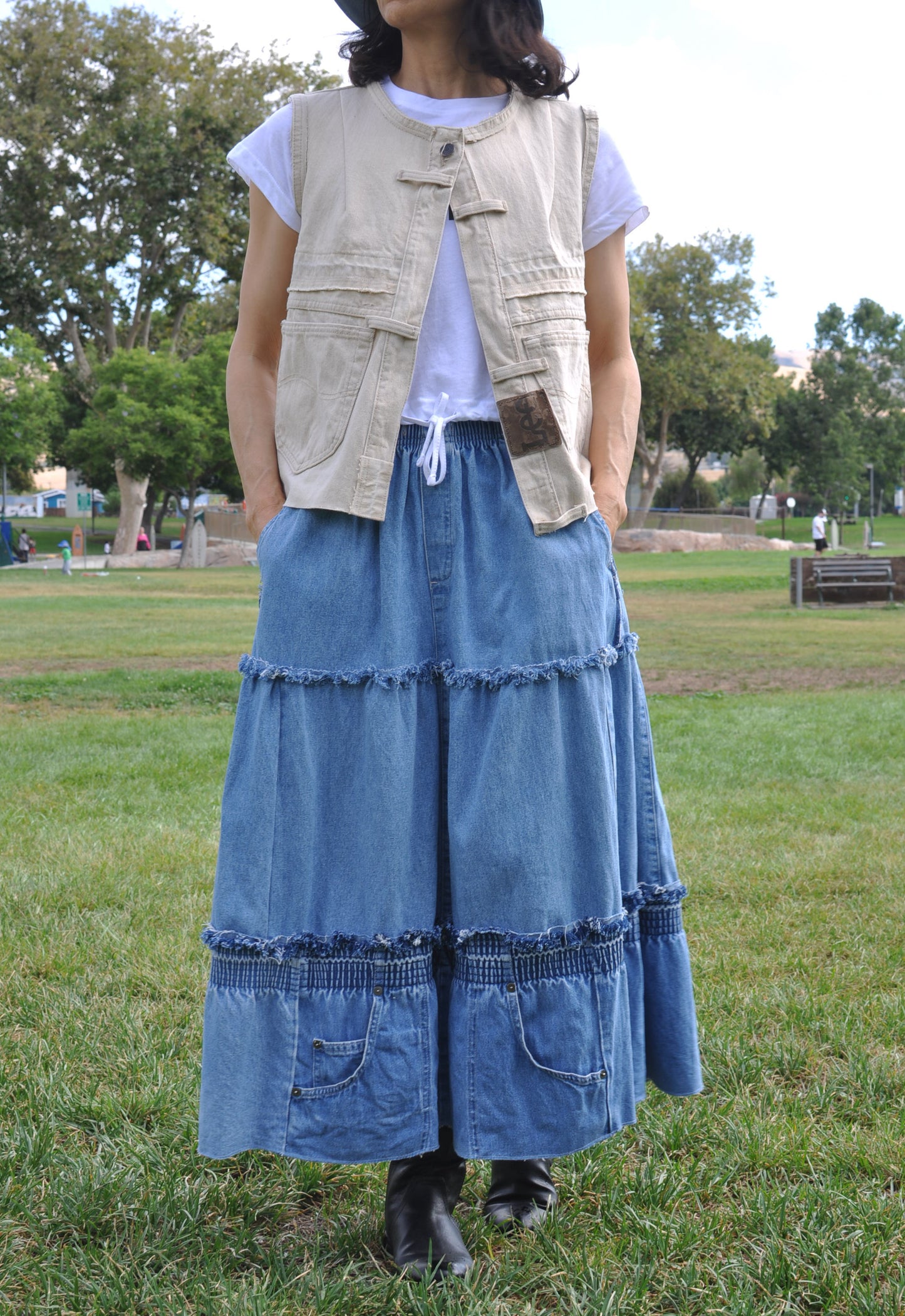 Neutral Color Upcycled womens denim vest Size Small/Size 6 with Two POCKET Unique One piece zipper design at back