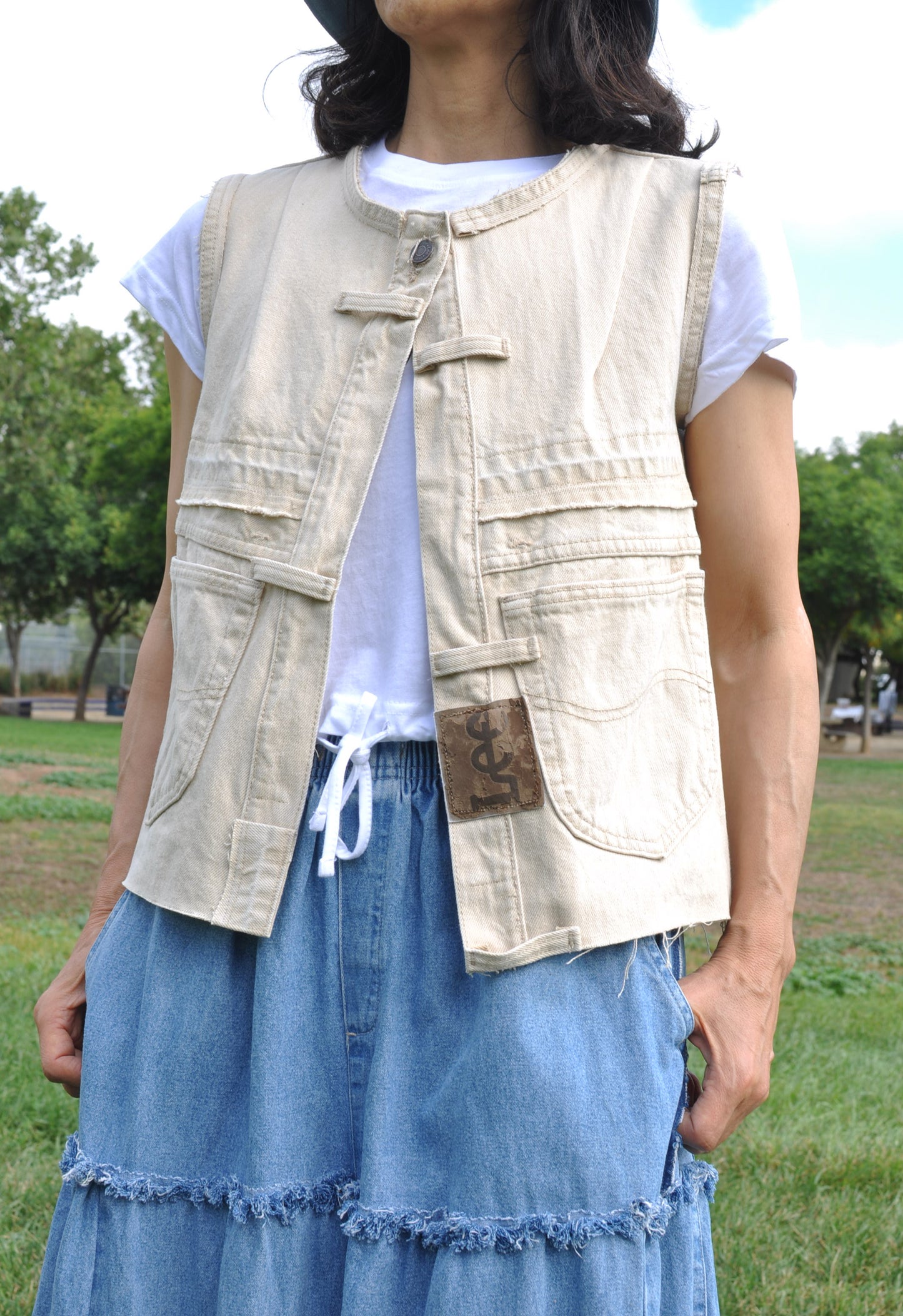 Neutral Color Upcycled womens denim vest Size Small/Size 6 with Two POCKET Unique One piece zipper design at back