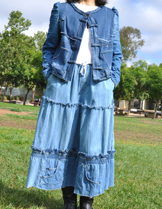 Upcycled Women's Gathered Sleeves Cropped Denim Jacket From Jeans With Two Patch Pockets