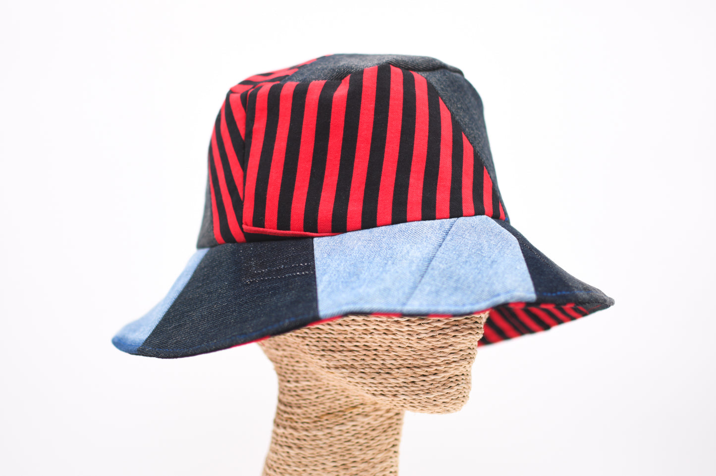 1 Of 1 4-Way-Wear Handmade Black Red Stripes And Denim Patchwork Bucket Hat One Size Only ONE Up To 23 Head Circumference