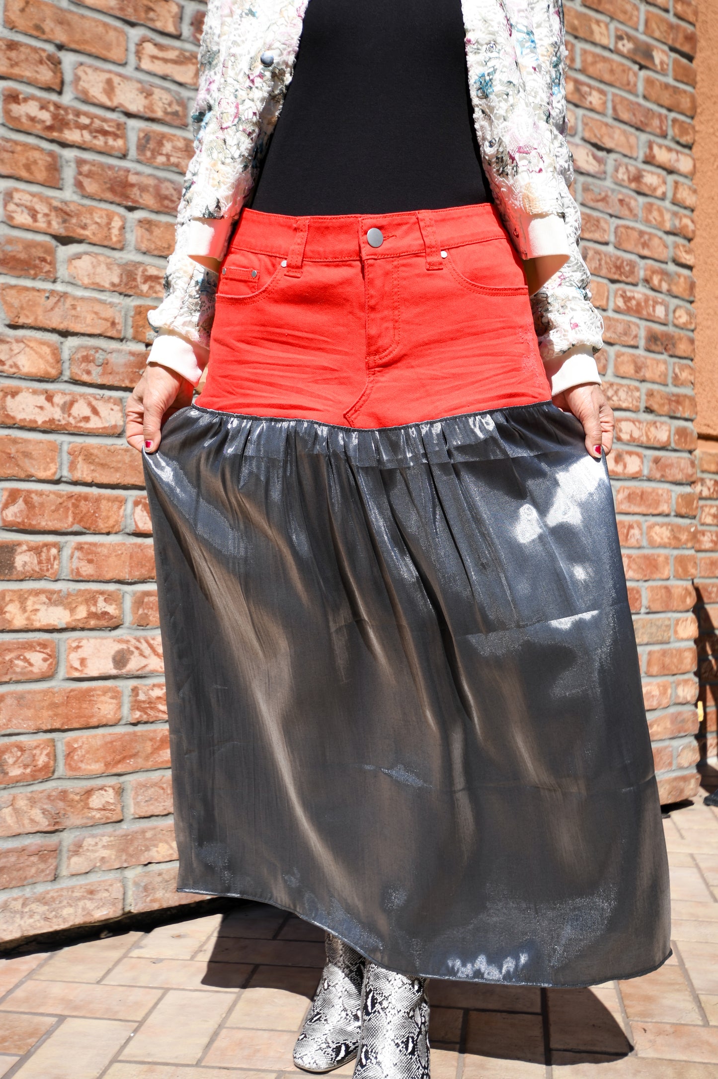 Handmade 1 Of 1 Two-Section Red Orange Denim And Flowy Dark Metallic Gathered Long Skirt One Size Size Medium Size 29