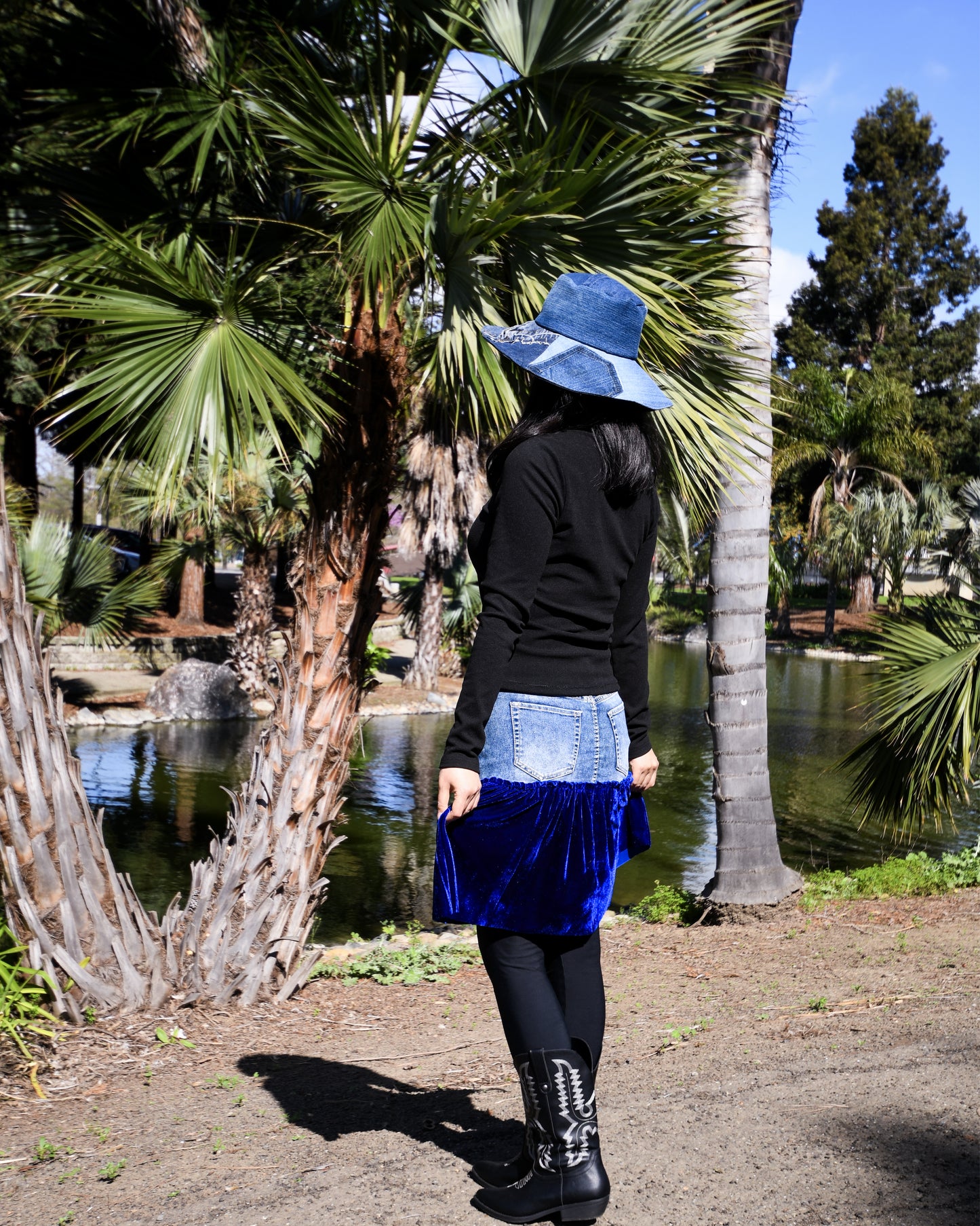 Handmade 1 Of 1 Upcycled Natural Blue Denim And Royal Blue Velvet Two-Section Gathered Short Skirt One Size Size Medium