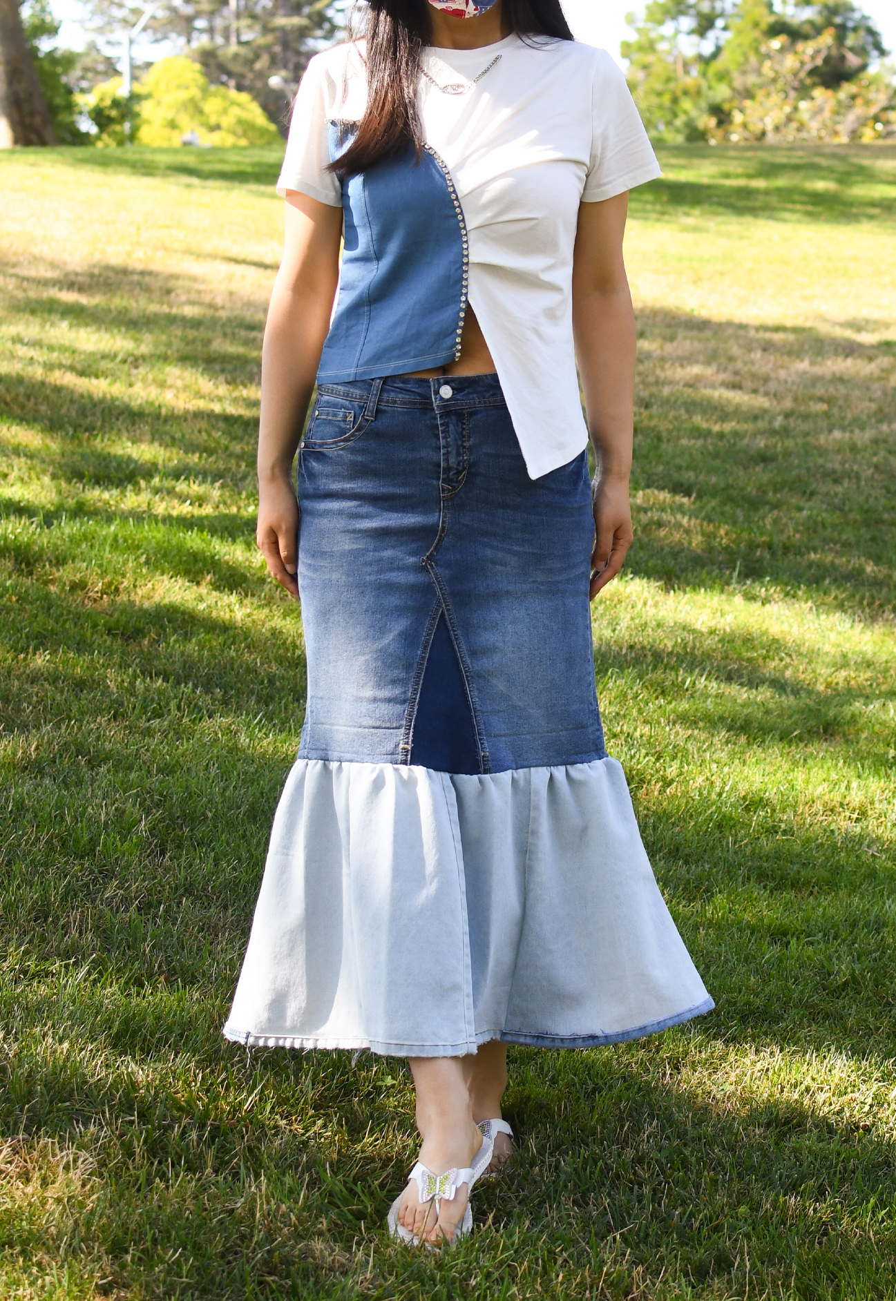 Handmade Upcycled Two-layered Contrast Color Denim Gathered Long Skirt With Pockets Only One Size 29 Size Small Size Medium