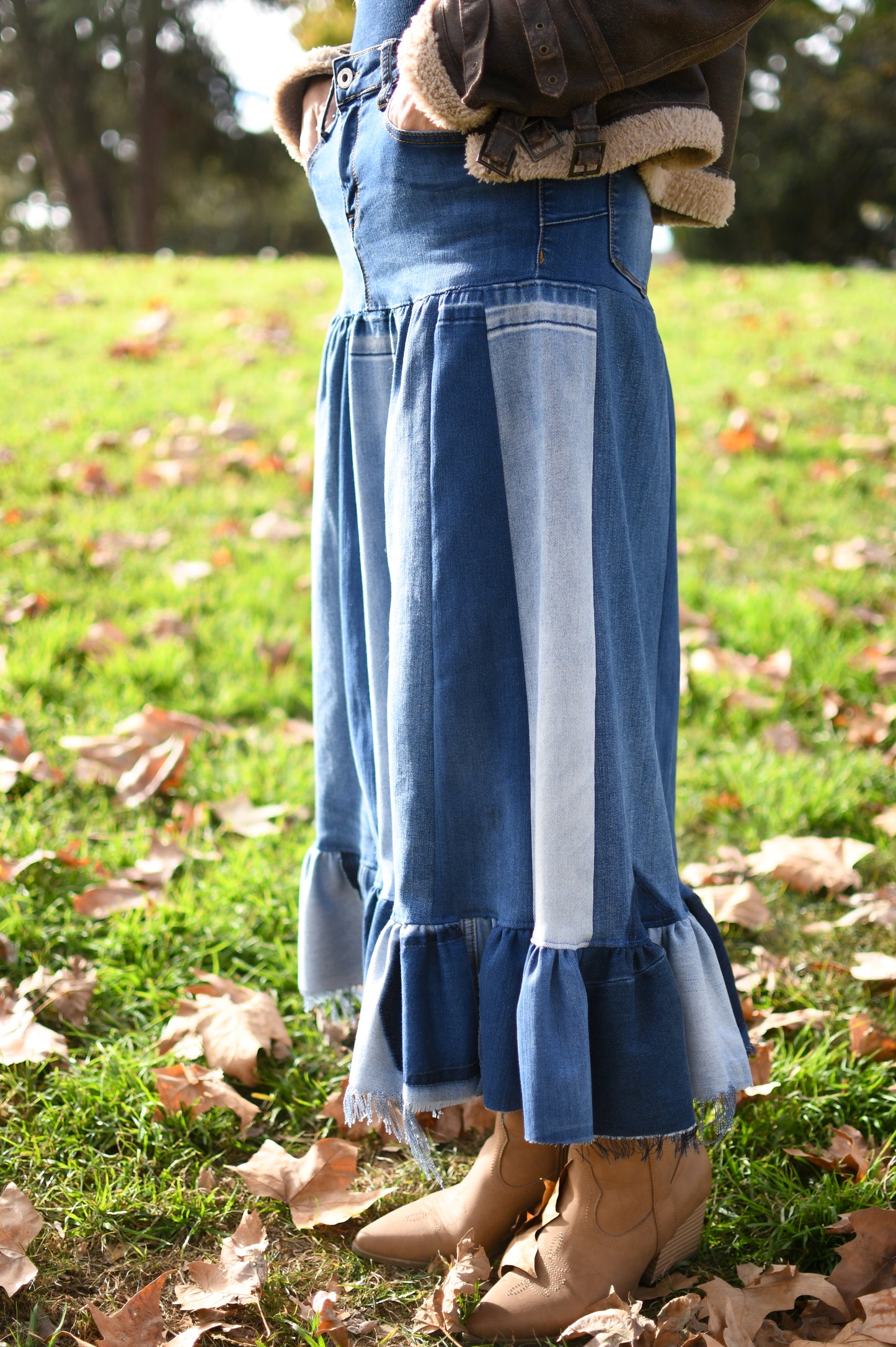 Handmade 1 Of 1 Upcycled Three Tier Patchwork Denim Long Skirt With Ruffle From Jeans Only One One Size Small Size Medium