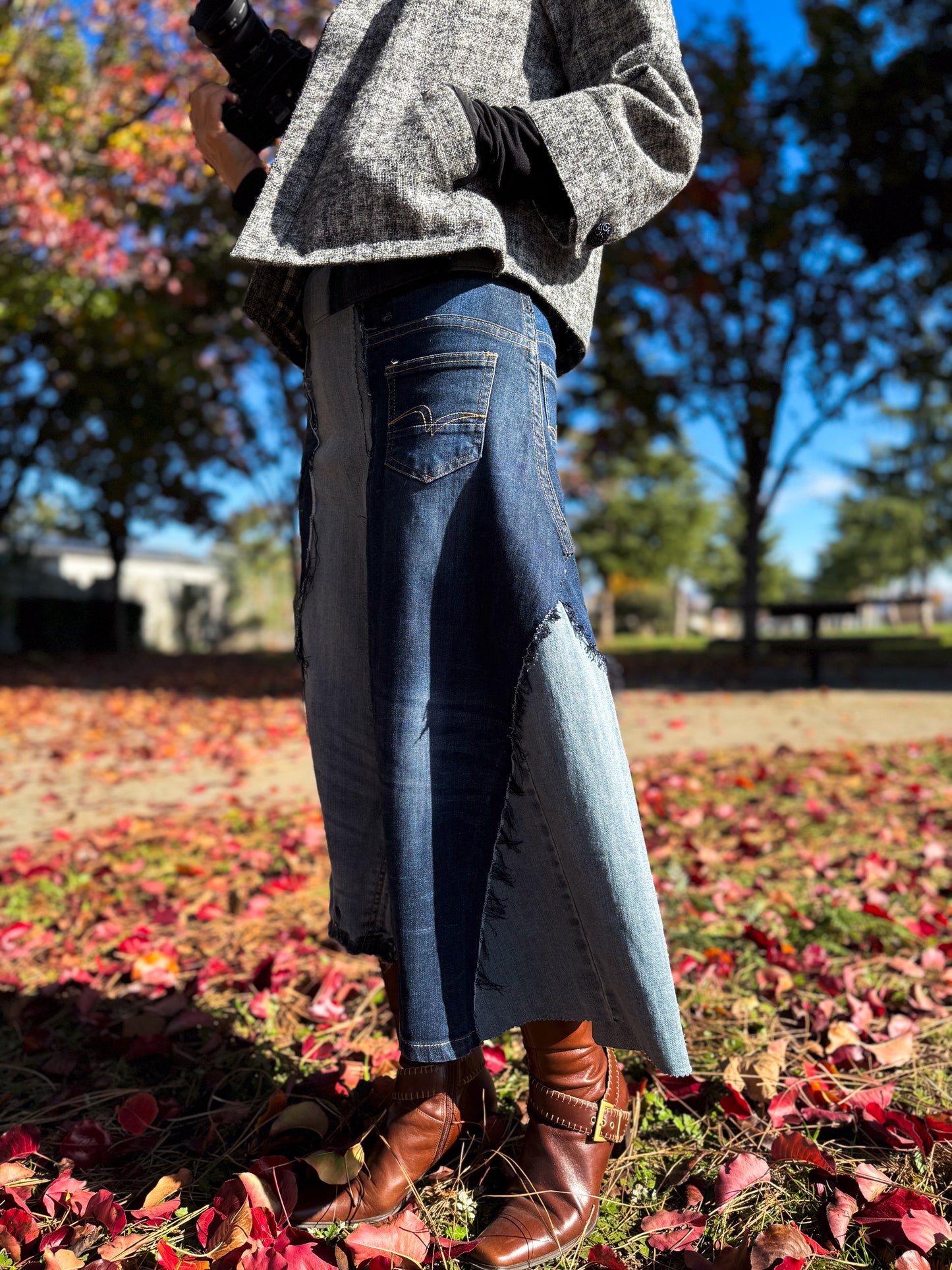 Handmade 1 Of 1 360 Degree Upcycled Two Tone Denim Calf Length Skirt From Kid Jeans With Elastic Waistband Only One Size XS, Small, Medium