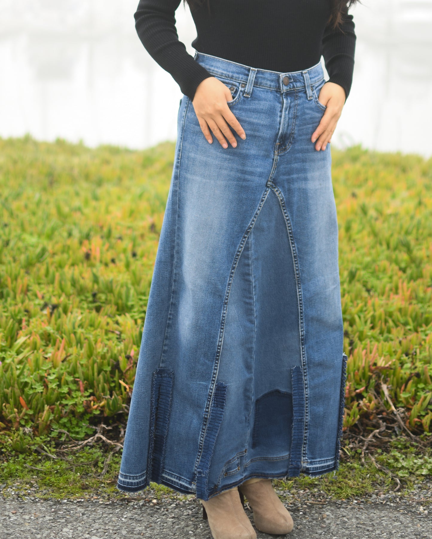 Handmade 1 Of 1 Upcycled Short Slit Denim Long Skirt With Ruffles Only ONE One Size Size Medium
