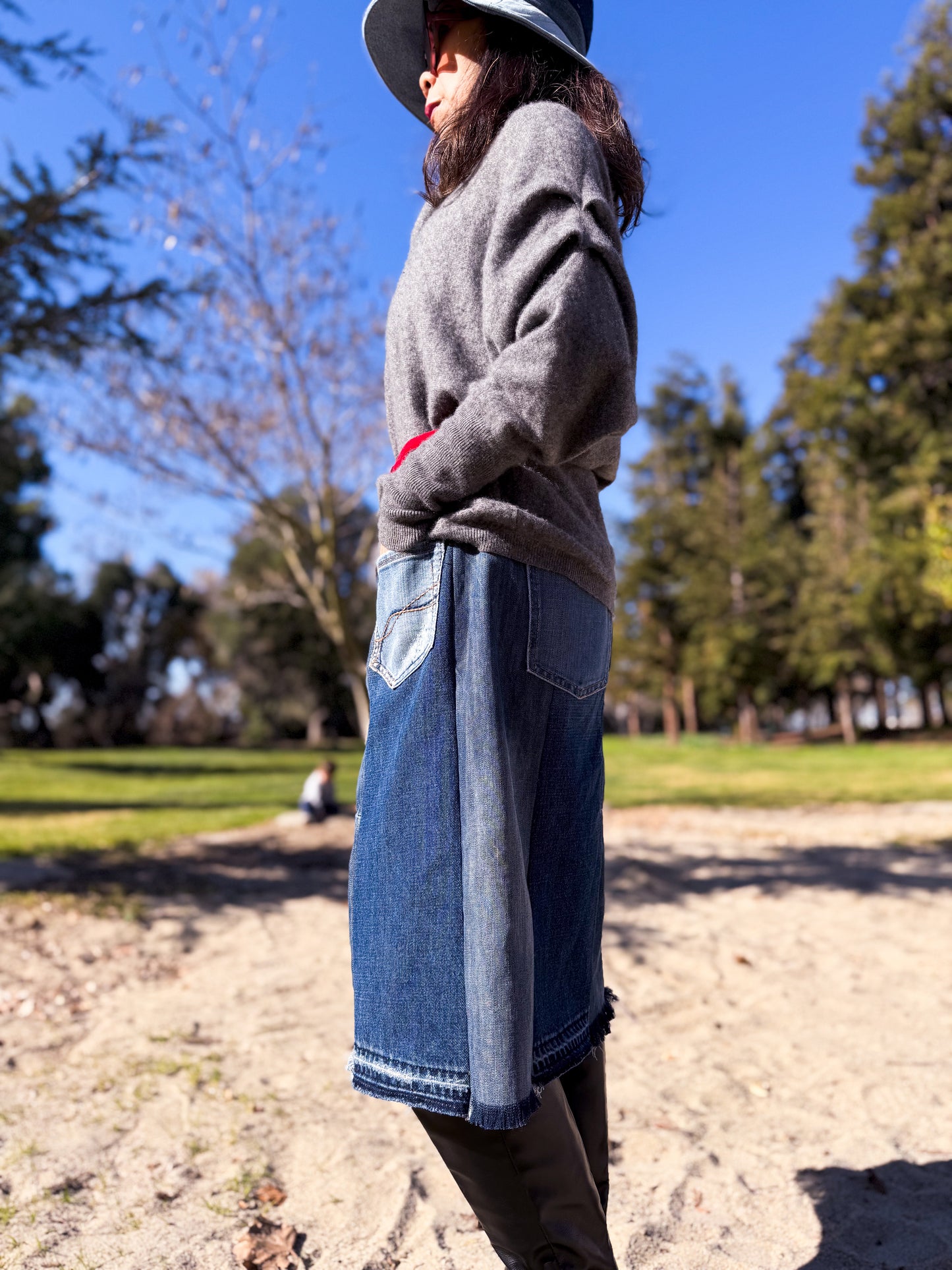 Handmade Upcycled Two-Shades Denim Patchwork A-Line Mid-Length Skirt W/ Elastic Waistband And Four Patch Pockets Size M L XL 0X 1X ALL Fit