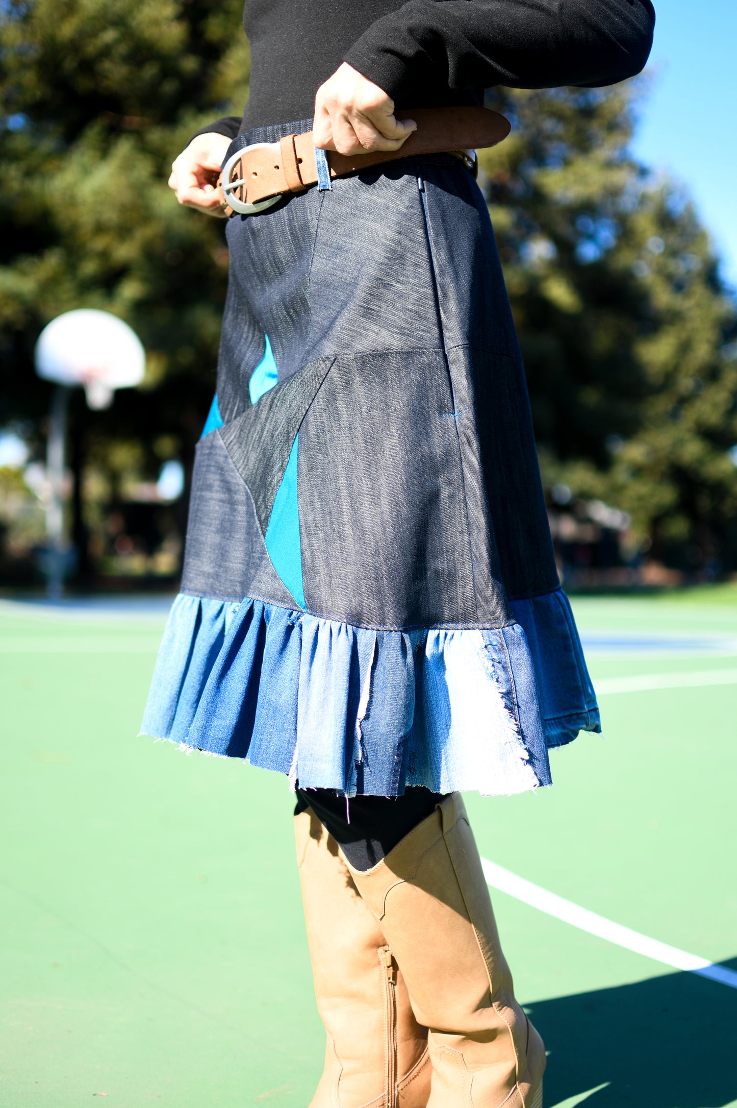 Handmade 1 Of 1 Upcycled Multi-Shade Denim Patchwork Two-Section Knee Length Skirt With Ruffle One Size Size Medium Size Large