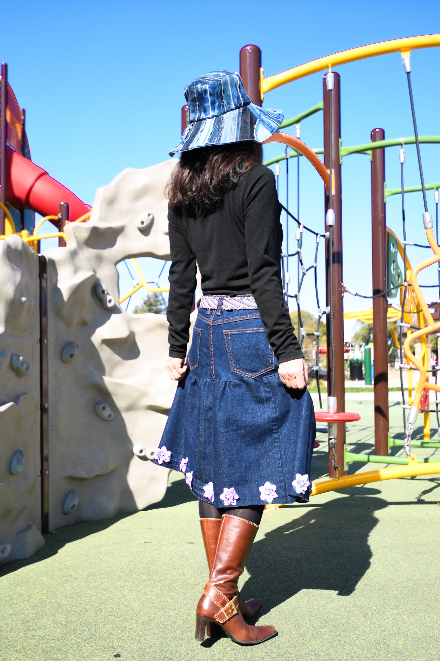 Handmade Navy Two-Section Gathered Denim Knee Length Skirt With Purple Flowers