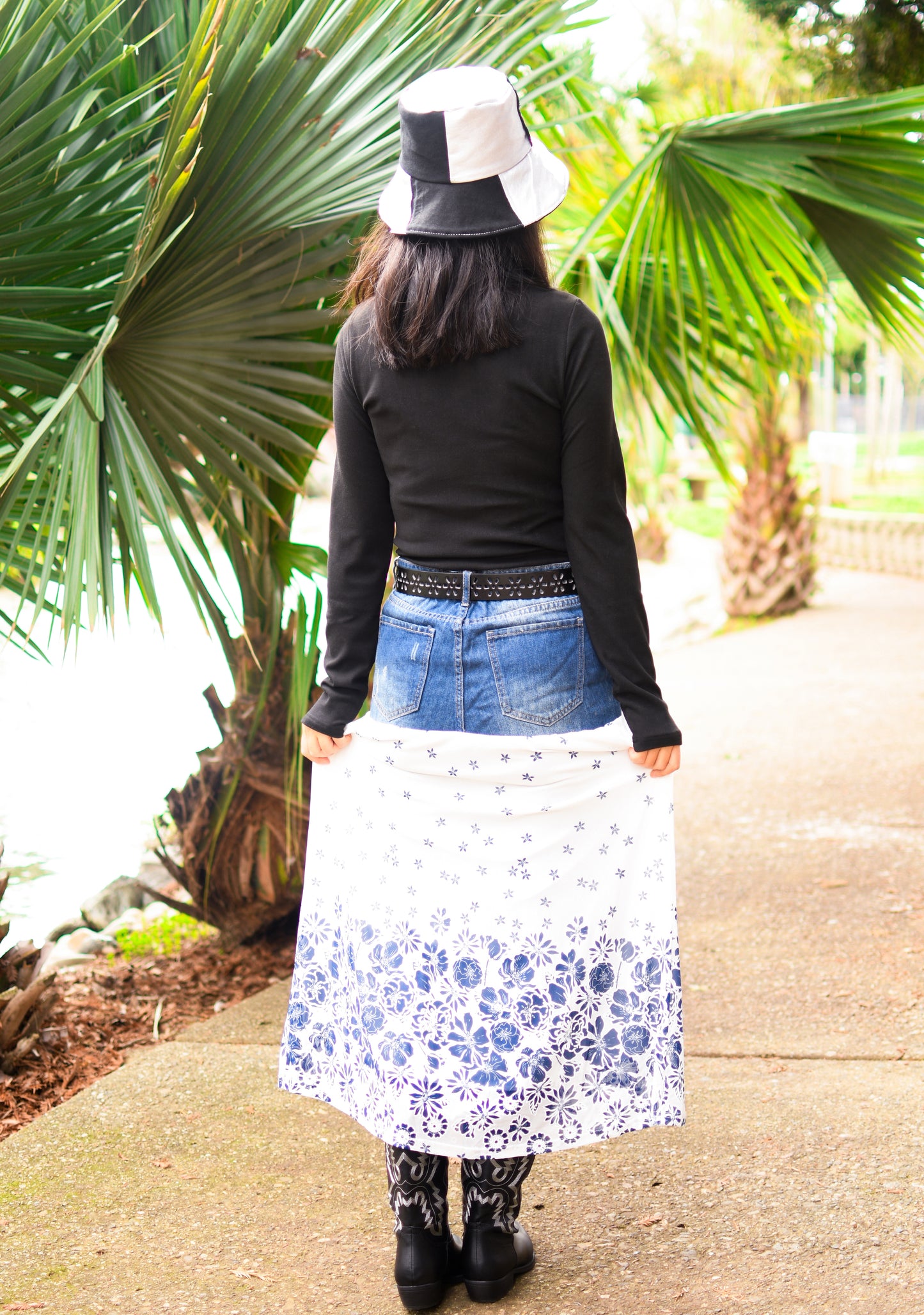 Handmade 1 Of 1 Porcelain Blue Floral Print Two Section Flowy Denim Long Skirt One Size Size Large Size XL