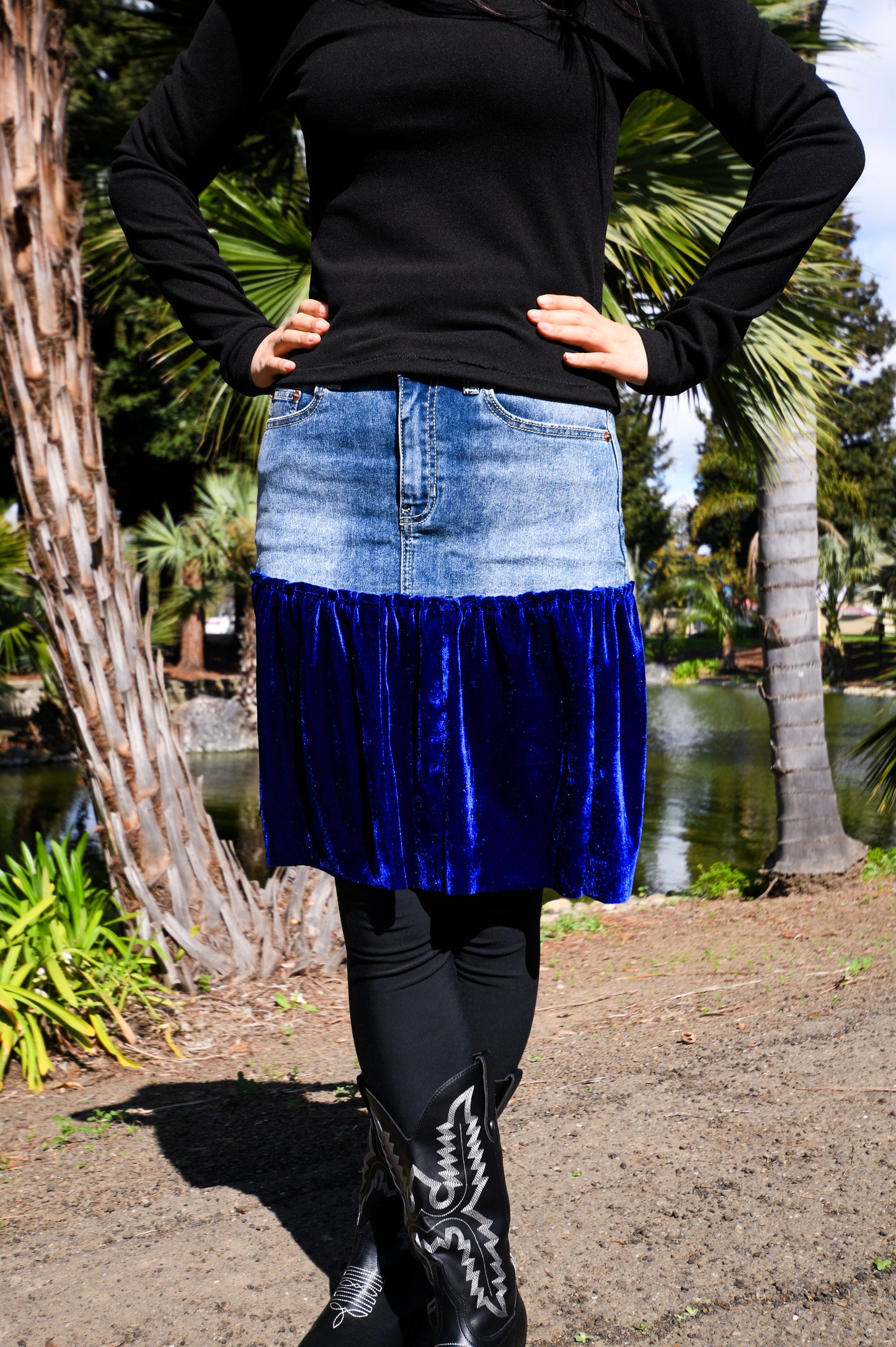 Handmade 1 Of 1 Upcycled Natural Blue Denim And Royal Blue Velvet Two-Section Gathered Short Skirt One Size Size Medium