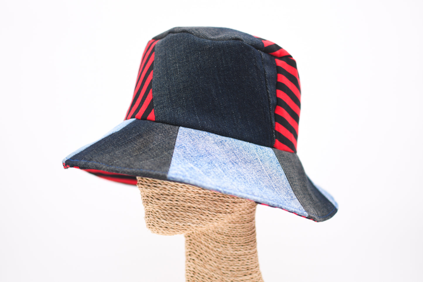 1 Of 1 4-Way-Wear Handmade Black Red Stripes And Denim Patchwork Bucket Hat One Size Only ONE Up To 23 Head Circumference