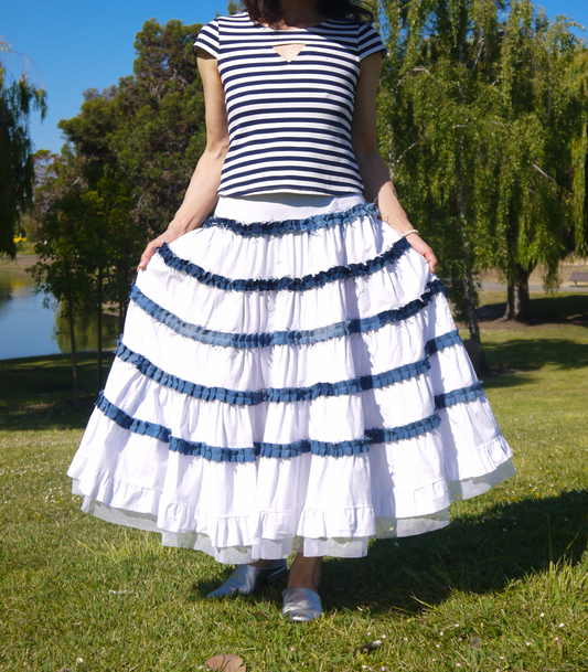 Crinkle Multi-Tiered Pure Cotton White Long Skirt With Denim Ruffles Only ONE Size Medium Size 6 Size 8