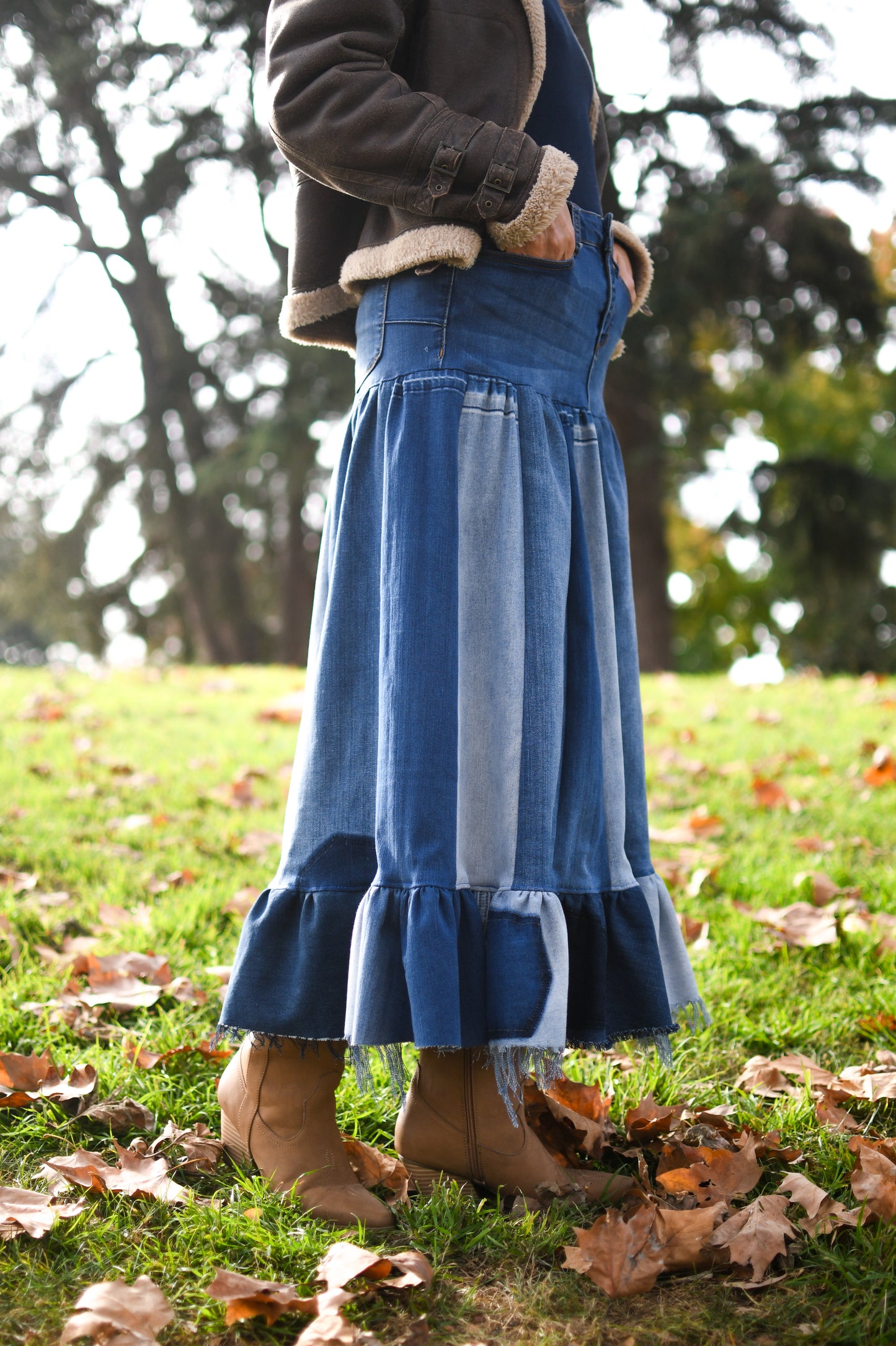 Handmade 1 Of 1 Upcycled Three Tier Patchwork Denim Long Skirt With Ruffle From Jeans Only One One Size Small Size Medium
