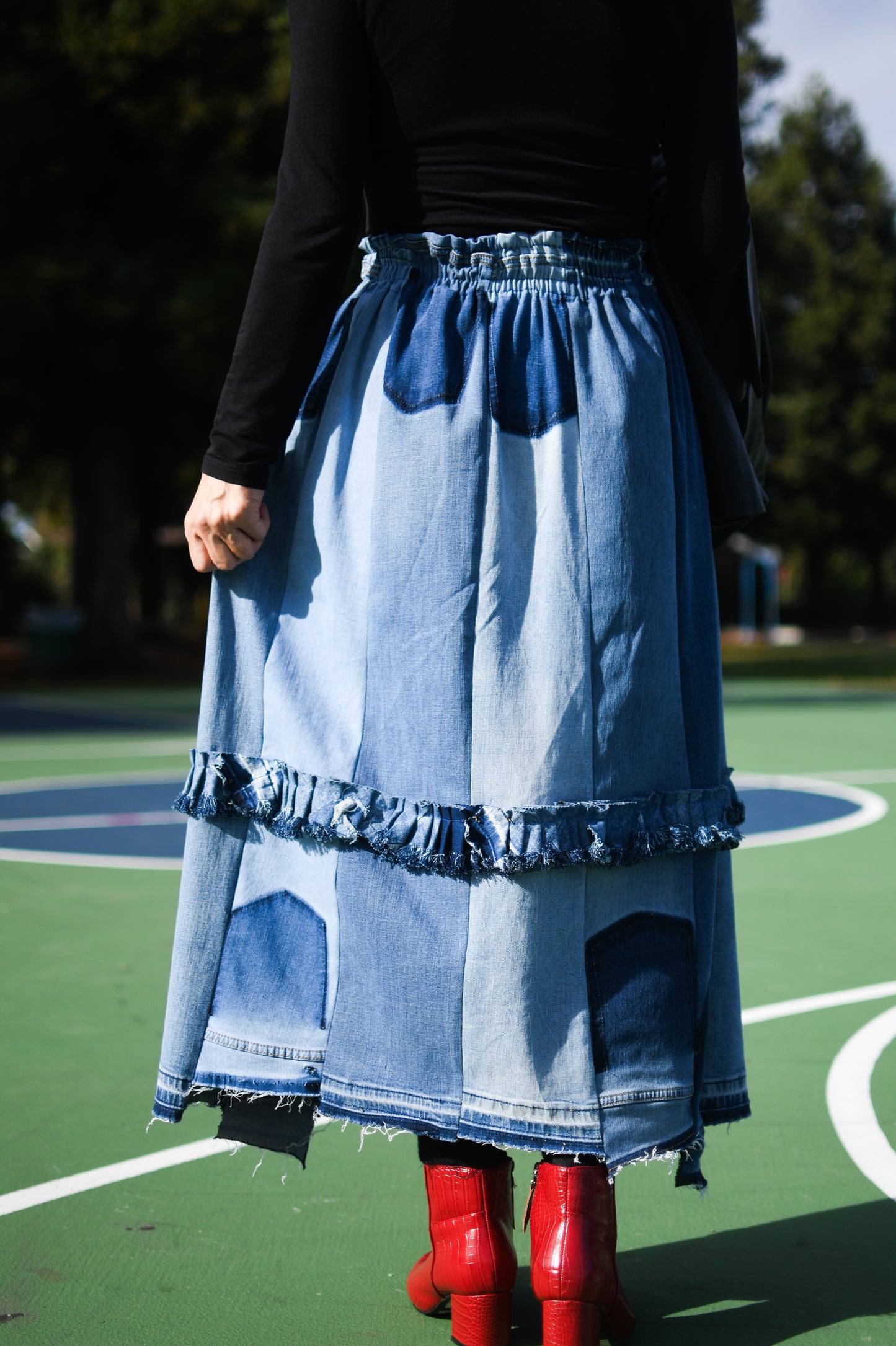 Handmade 1 Of 1 360 Degree Upcycled Denim Long Skirt With Ruffle In The Middle Elastic Waistband Only One One Size Small Medium Large XL XXL