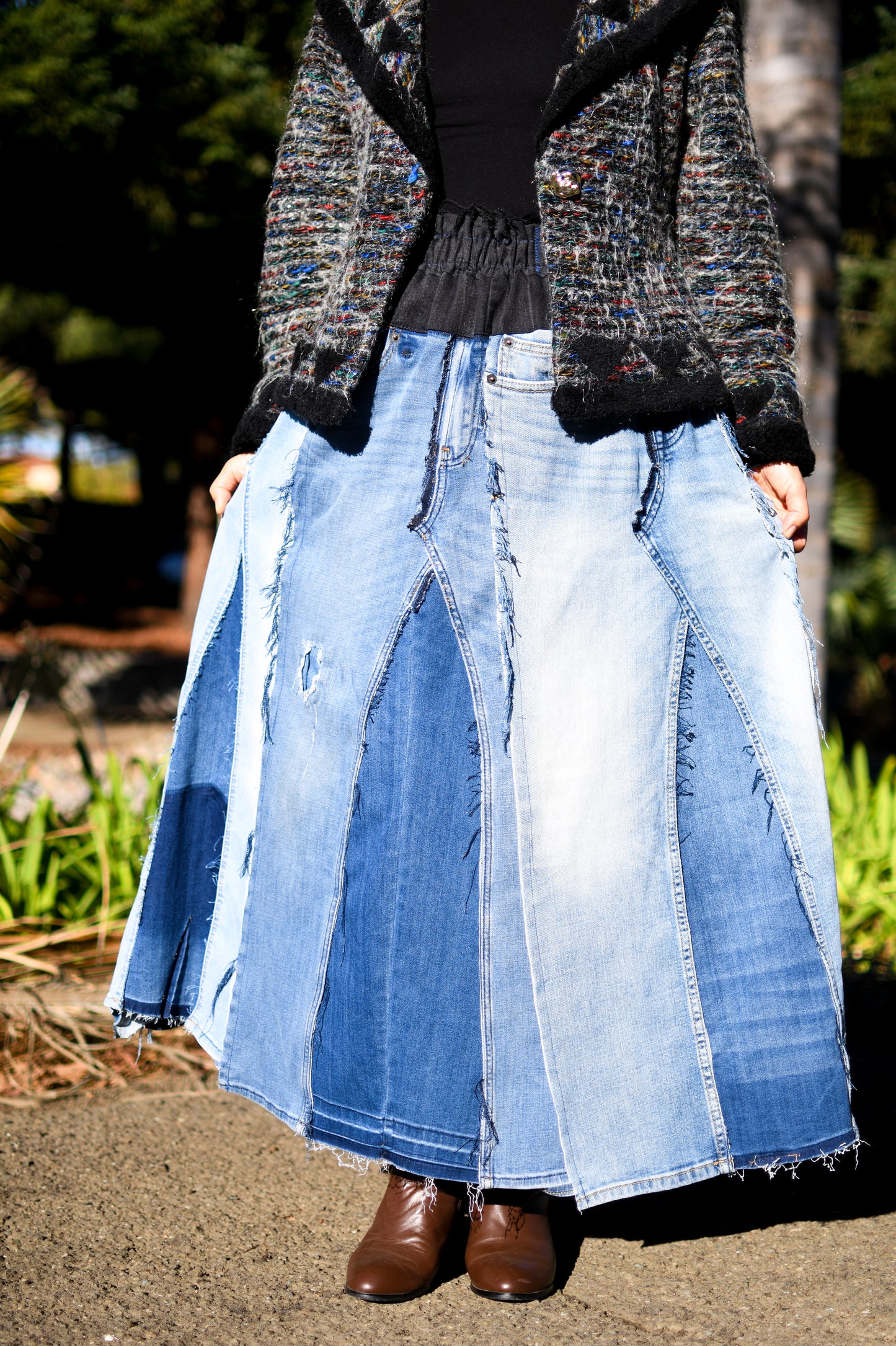 Handmade 1 Of 1 360 Degree Upcycled Denim Long Skirt From 5 Pairs of Jeans With Elastic Waistband Only One Size XS S Medium Large XL 1X 2X