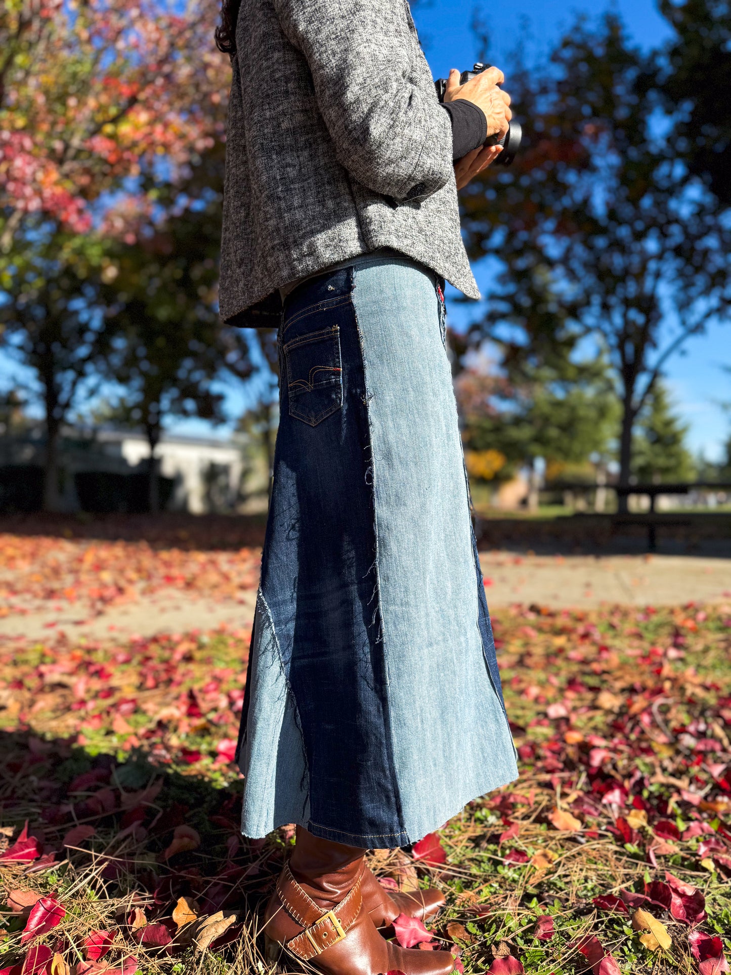 Handmade 1 Of 1 360 Degree Upcycled Two Tone Denim Calf Length Skirt From Kid Jeans With Elastic Waistband Only One Size XS, Small, Medium