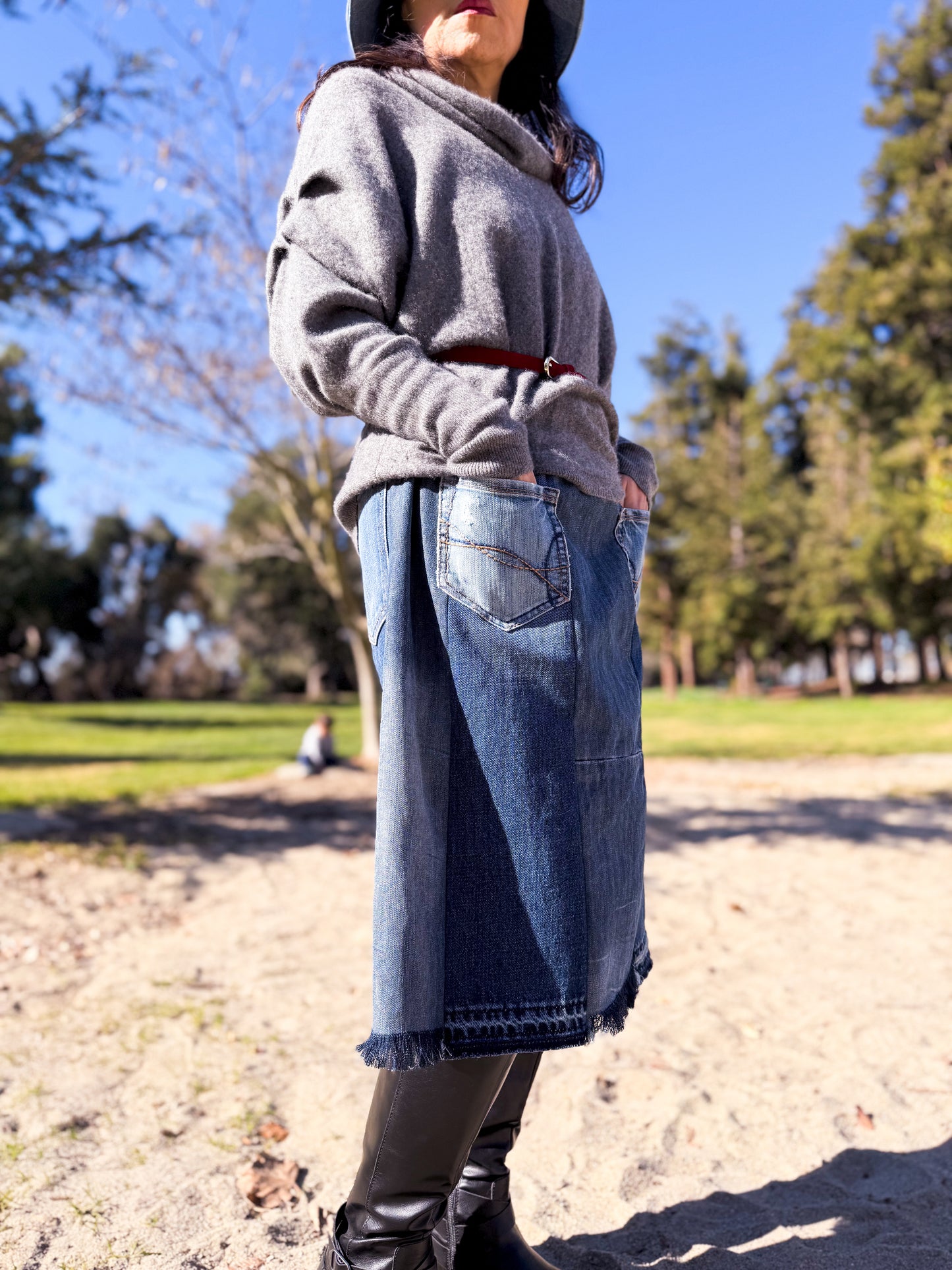 Handmade Upcycled Two-Shades Denim Patchwork A-Line Mid-Length Skirt W/ Elastic Waistband And Four Patch Pockets Size M L XL 0X 1X ALL Fit