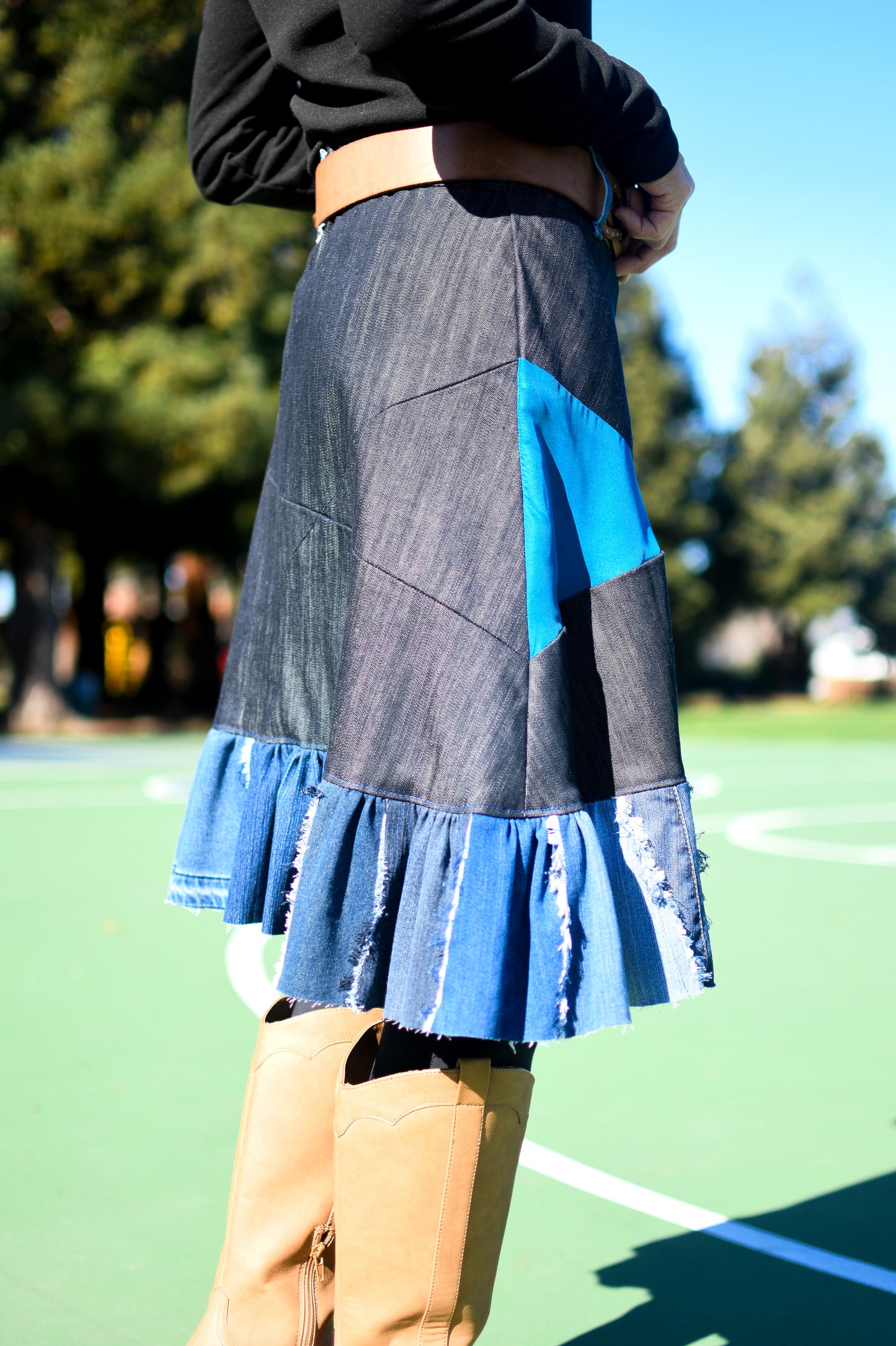 Handmade 1 Of 1 Upcycled Multi-Shade Denim Patchwork Two-Section Knee Length Skirt With Ruffle One Size Size Medium Size Large