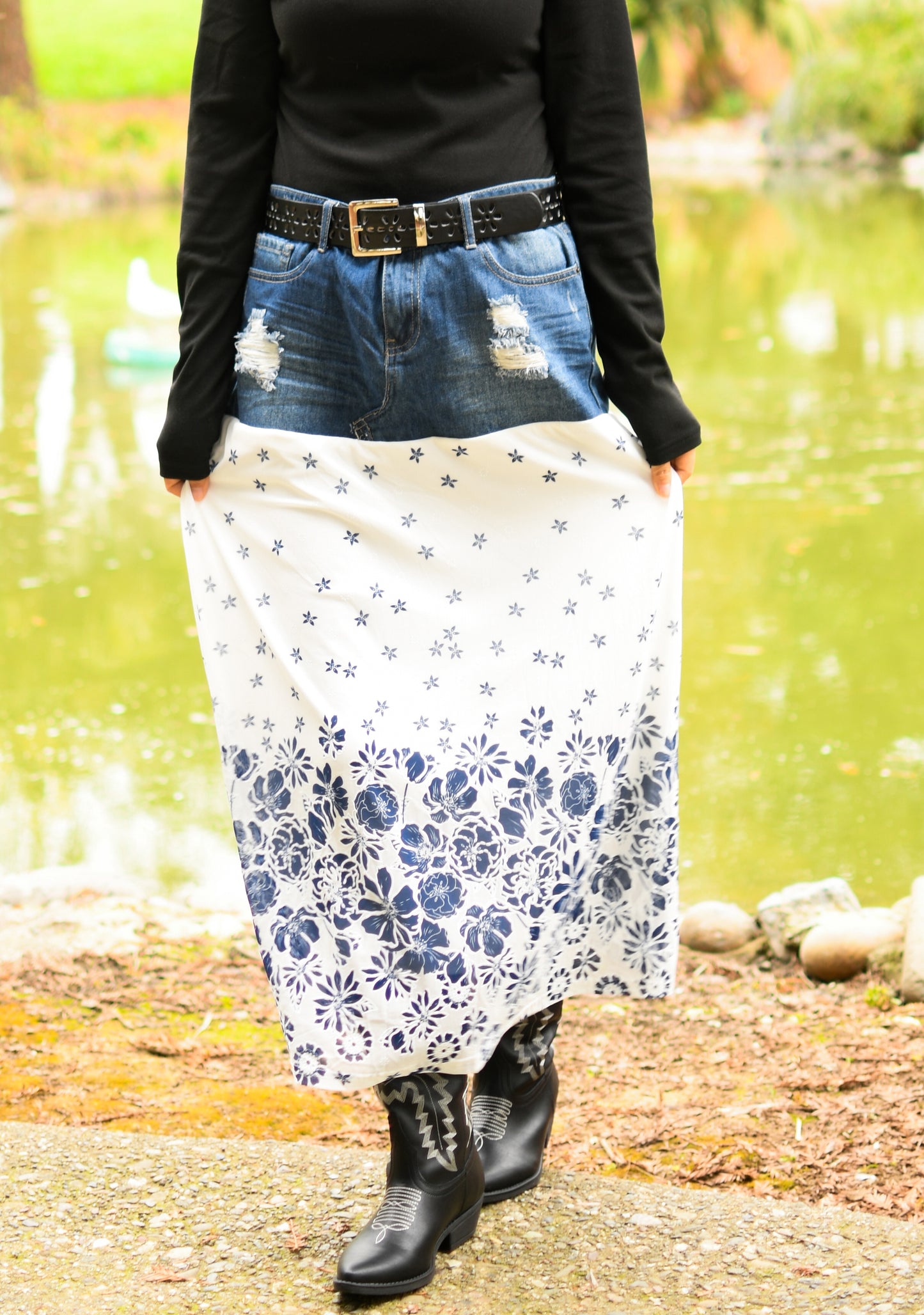 Handmade 1 Of 1 Porcelain Blue Floral Print Two Section Flowy Denim Long Skirt One Size Size Large Size XL