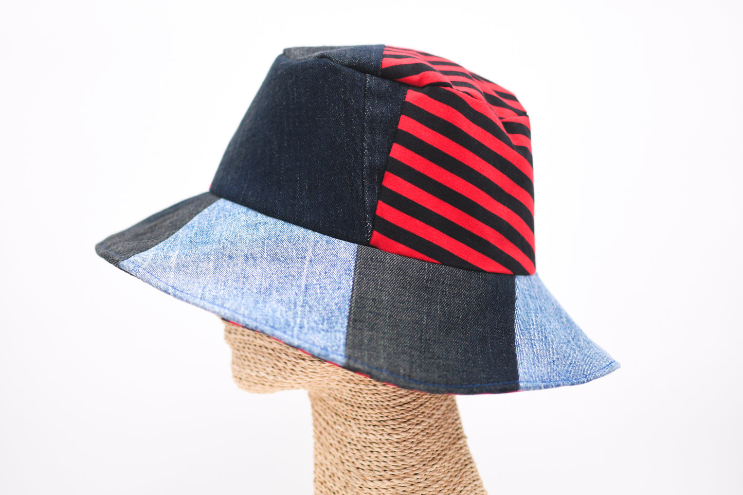 1 Of 1 4-Way-Wear Handmade Black Red Stripes And Denim Patchwork Bucket Hat One Size Only ONE Up To 23 Head Circumference