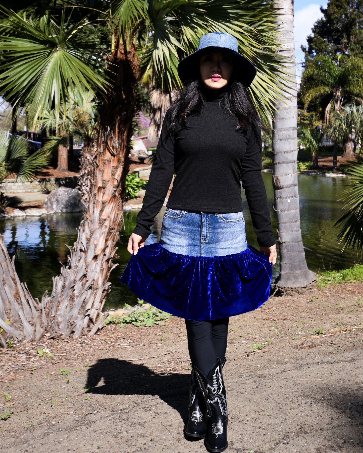 Handmade 1 Of 1 Upcycled Natural Blue Denim And Royal Blue Velvet Two-Section Gathered Short Skirt One Size Size Medium