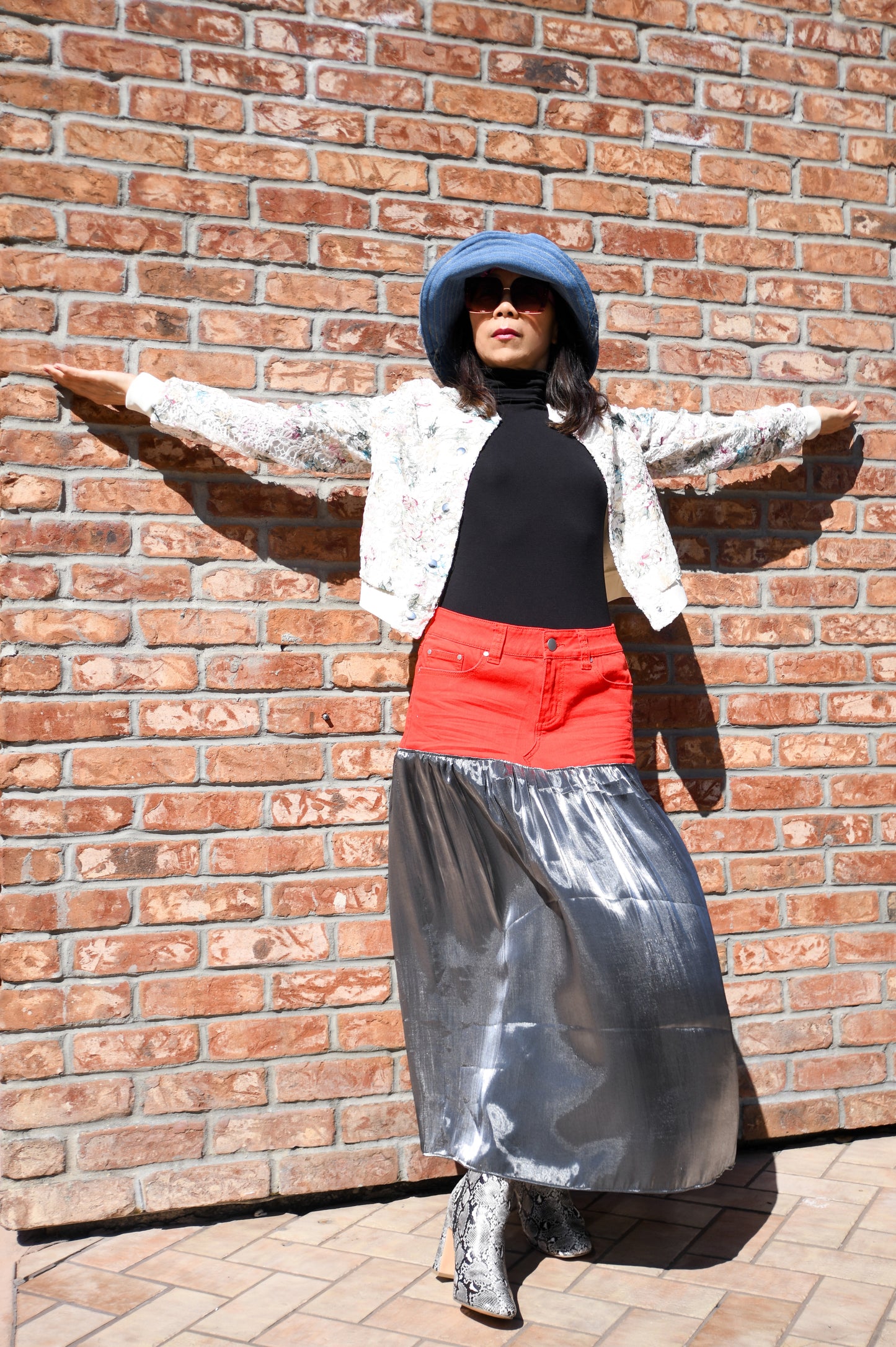 Handmade 1 Of 1 Two-Section Red Orange Denim And Flowy Dark Metallic Gathered Long Skirt One Size Size Medium Size 29