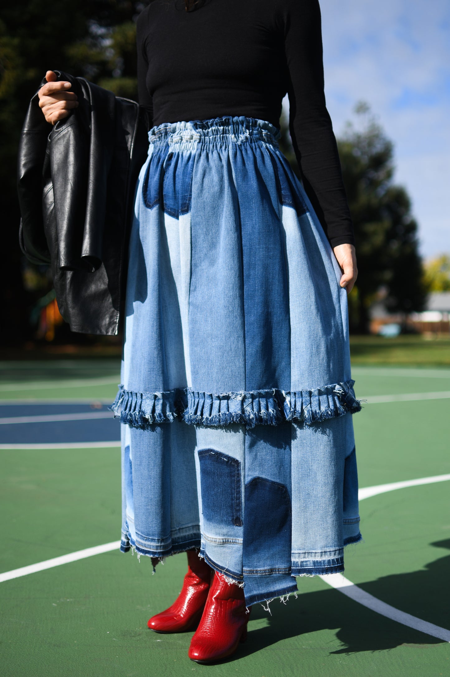 Handmade 1 Of 1 360 Degree Upcycled Denim Long Skirt With Ruffle In The Middle Elastic Waistband Only One One Size Small Medium Large XL XXL
