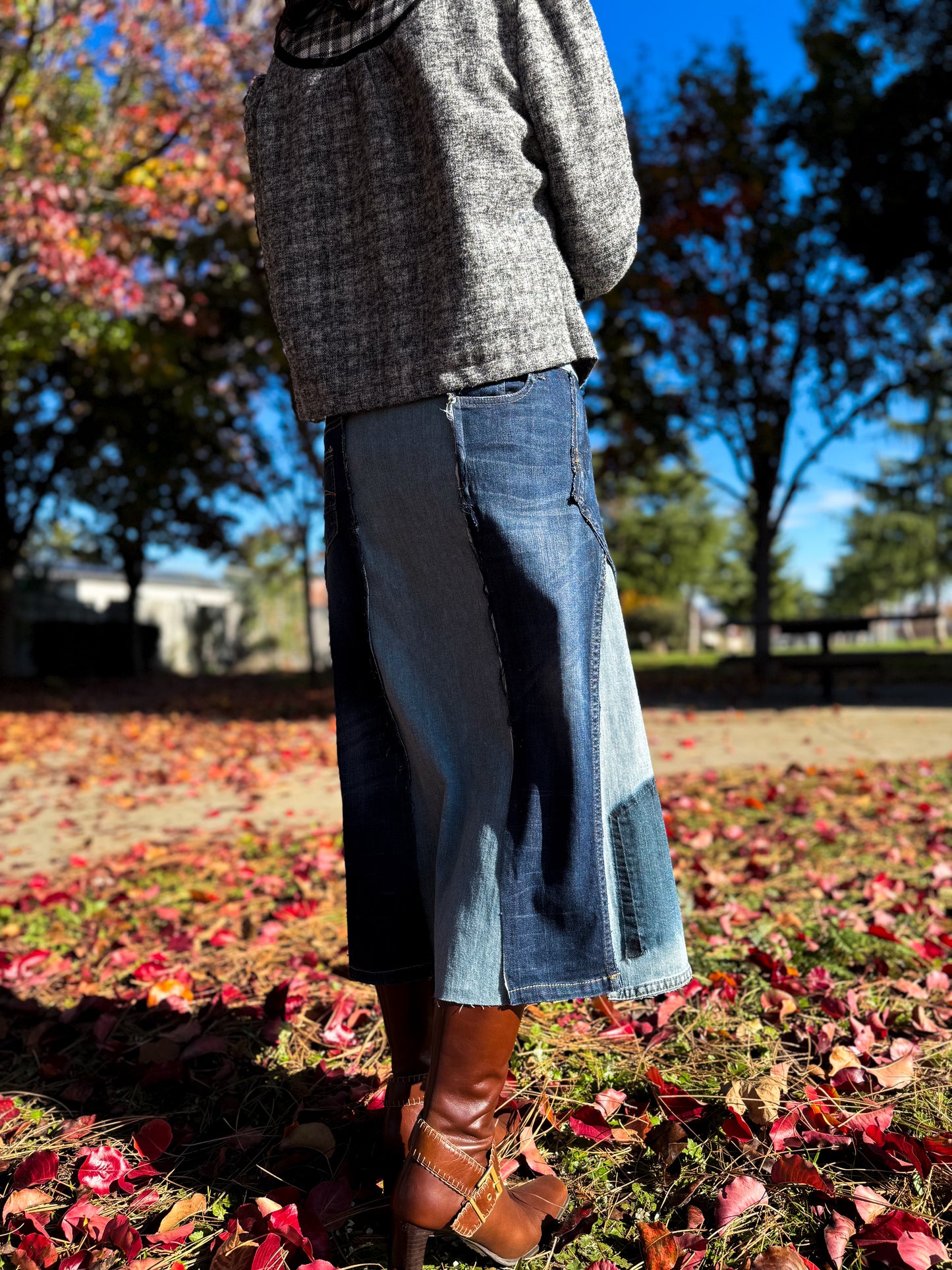 Handmade 1 Of 1 360 Degree Upcycled Two Tone Denim Calf Length Skirt From Kid Jeans With Elastic Waistband Only One Size XS, Small, Medium