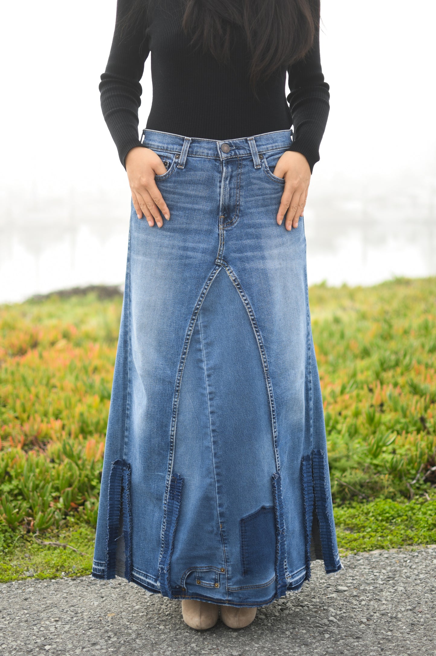 Handmade 1 Of 1 Upcycled Short Slit Denim Long Skirt With Ruffles Only ONE One Size Size Medium