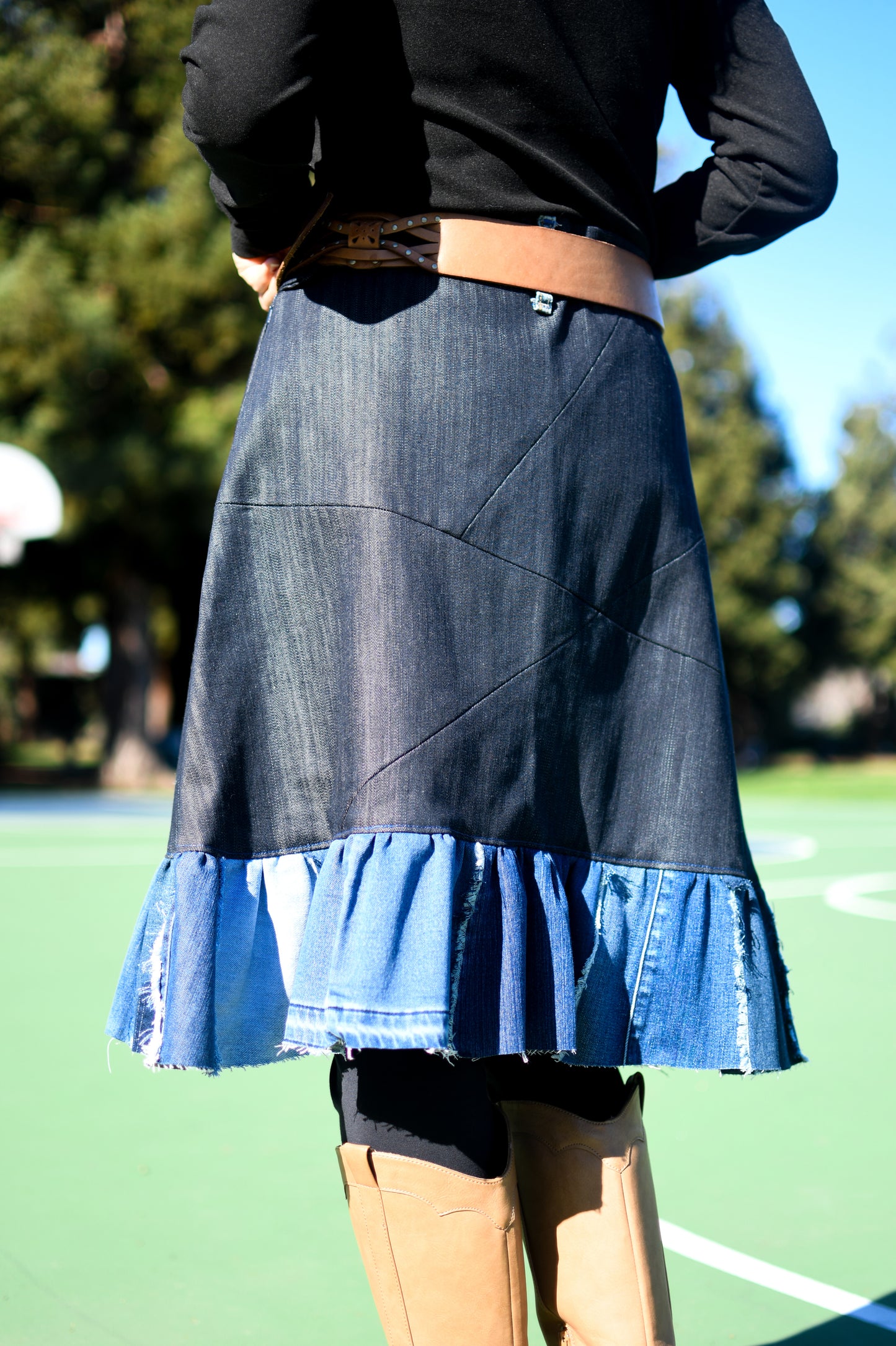 Handmade 1 Of 1 Upcycled Multi-Shade Denim Patchwork Two-Section Knee Length Skirt With Ruffle One Size Size Medium Size Large