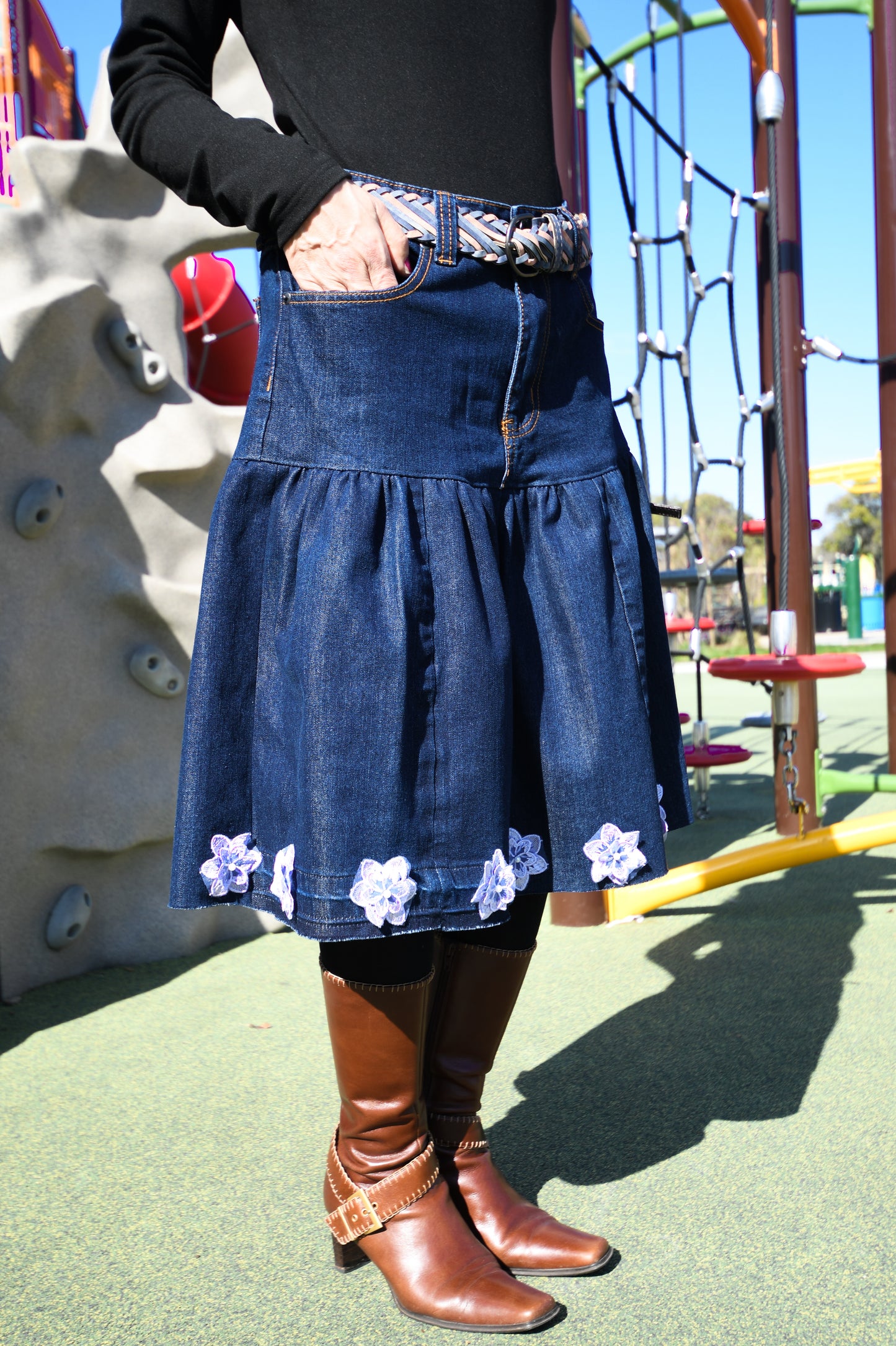 Handmade Navy Two-Section Gathered Denim Knee Length Skirt With Purple Flowers