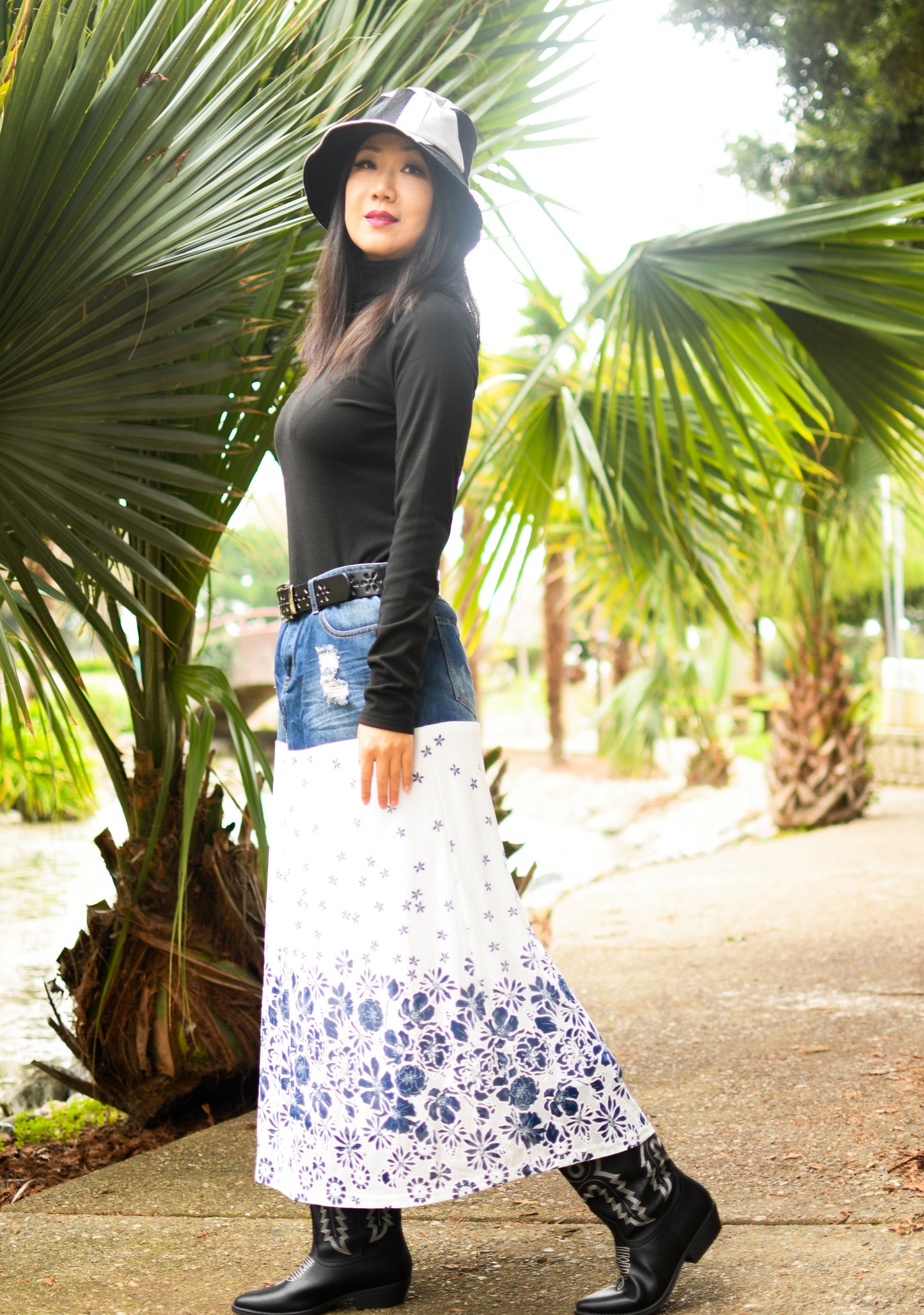 Handmade 1 Of 1 Porcelain Blue Floral Print Two Section Flowy Denim Long Skirt One Size Size Large Size XL