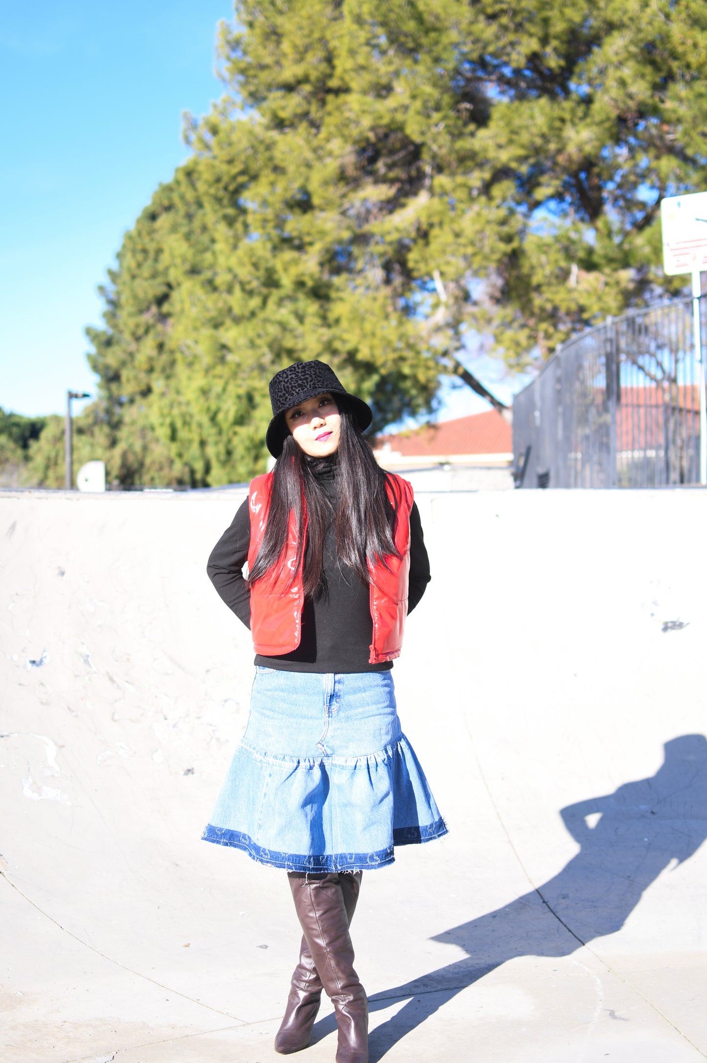 1 Of 1 Handmade A-Line Two Section Gathered Knee Length Denim Skirt With Contrast Color Frayed Edges Hem Upcycled Size Medium