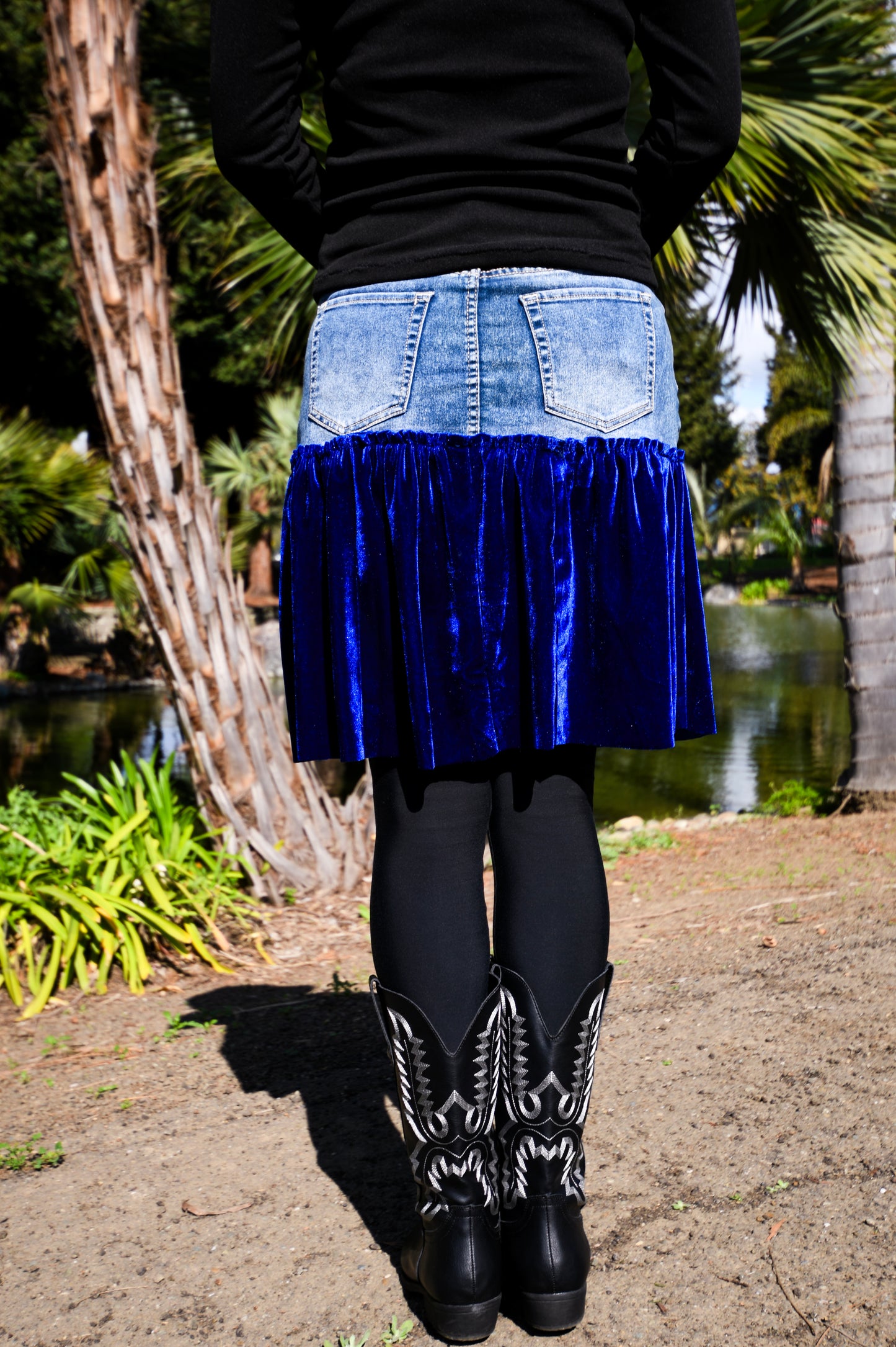 Handmade 1 Of 1 Upcycled Natural Blue Denim And Royal Blue Velvet Two-Section Gathered Short Skirt One Size Size Medium